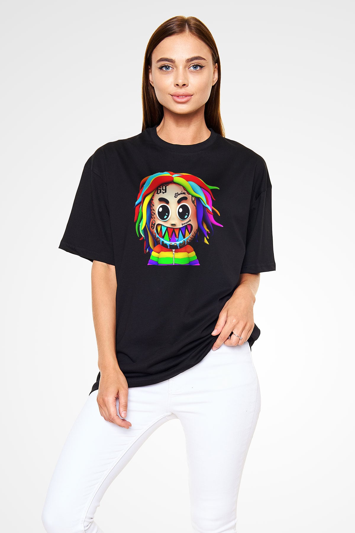6ix9ine Baskılı Unisex Siyah Oversize Tişört - Tshirt