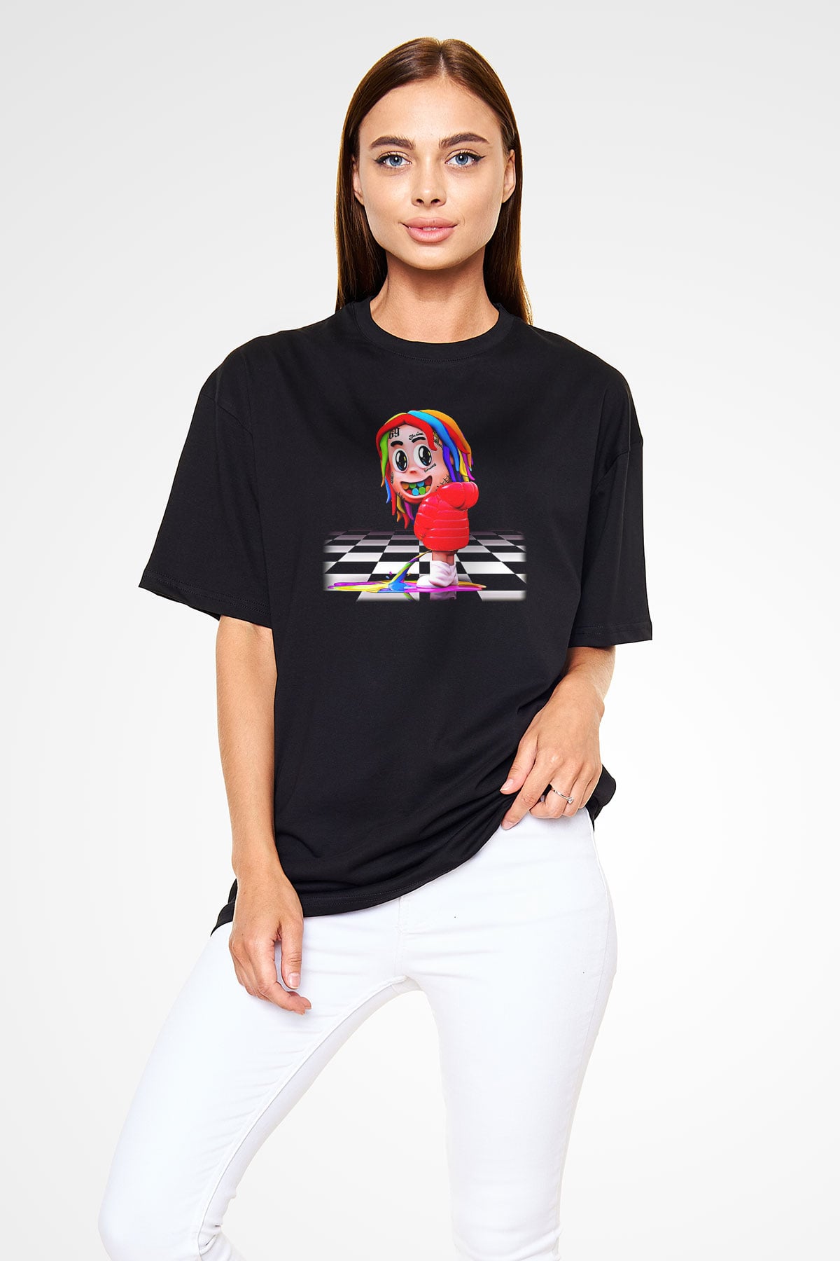 6ix9ine Baskılı Unisex Siyah Oversize Tişört - Tshirt