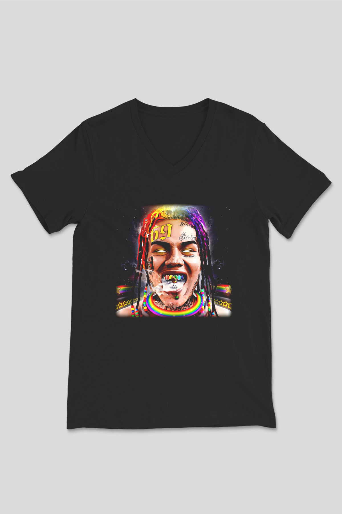 6ix9ine Baskılı Unisex Siyah V Yaka Tişört - Tshirt