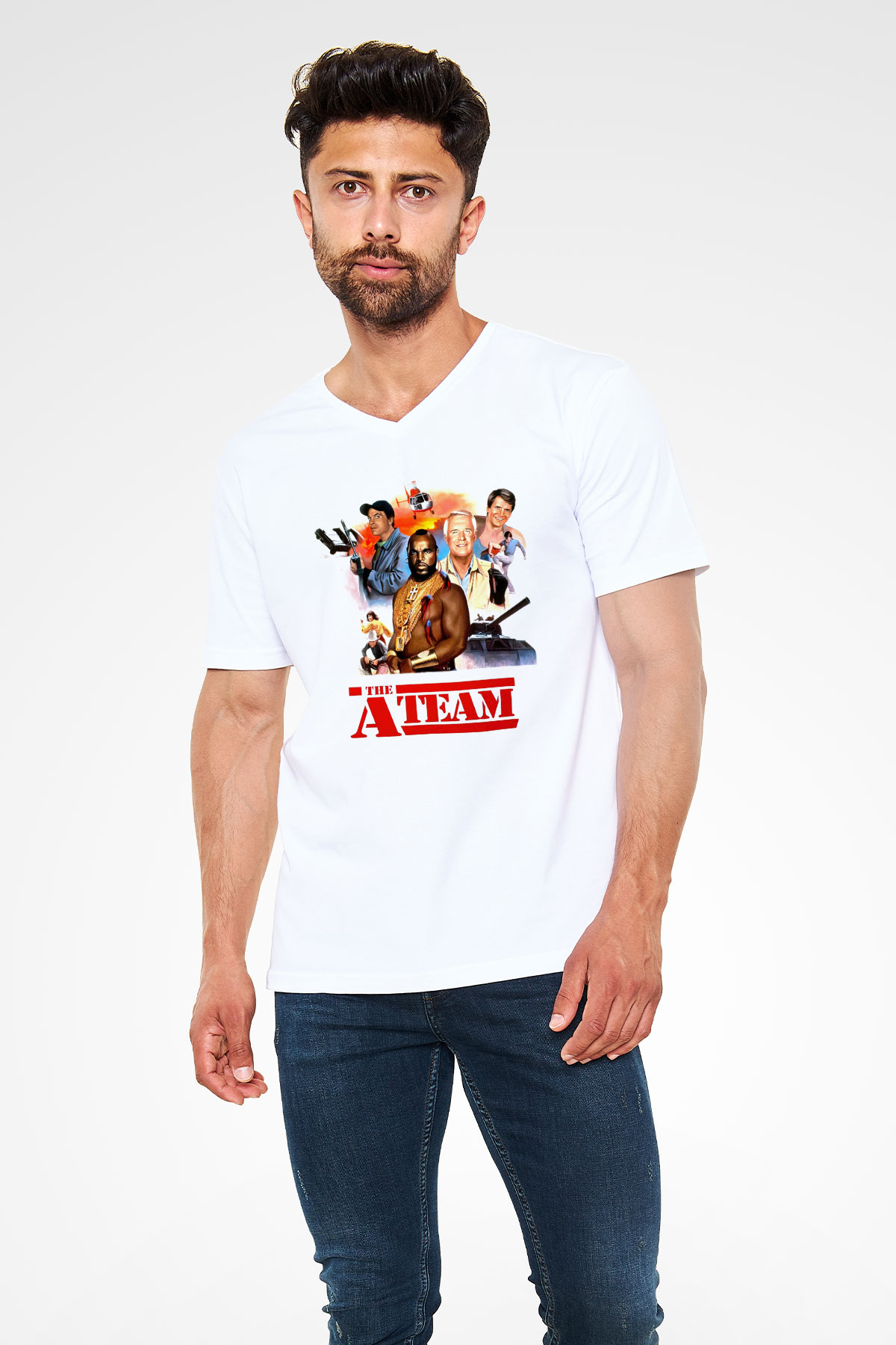 A-Team Beyaz Unisex V Yaka Tişört T-Shirt