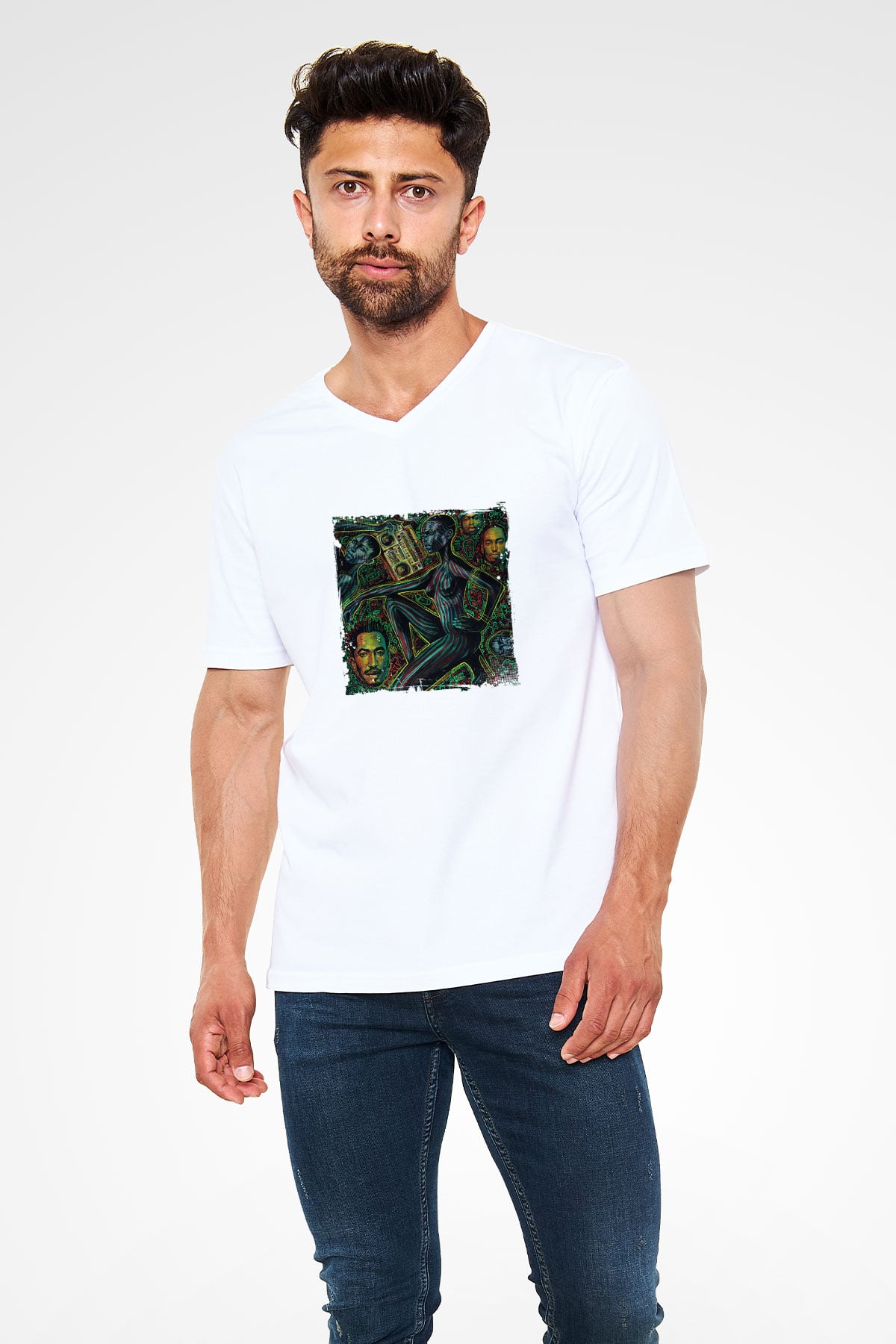 A Tribe Called Quest Baskılı Beyaz V Yaka Unisex Tişört