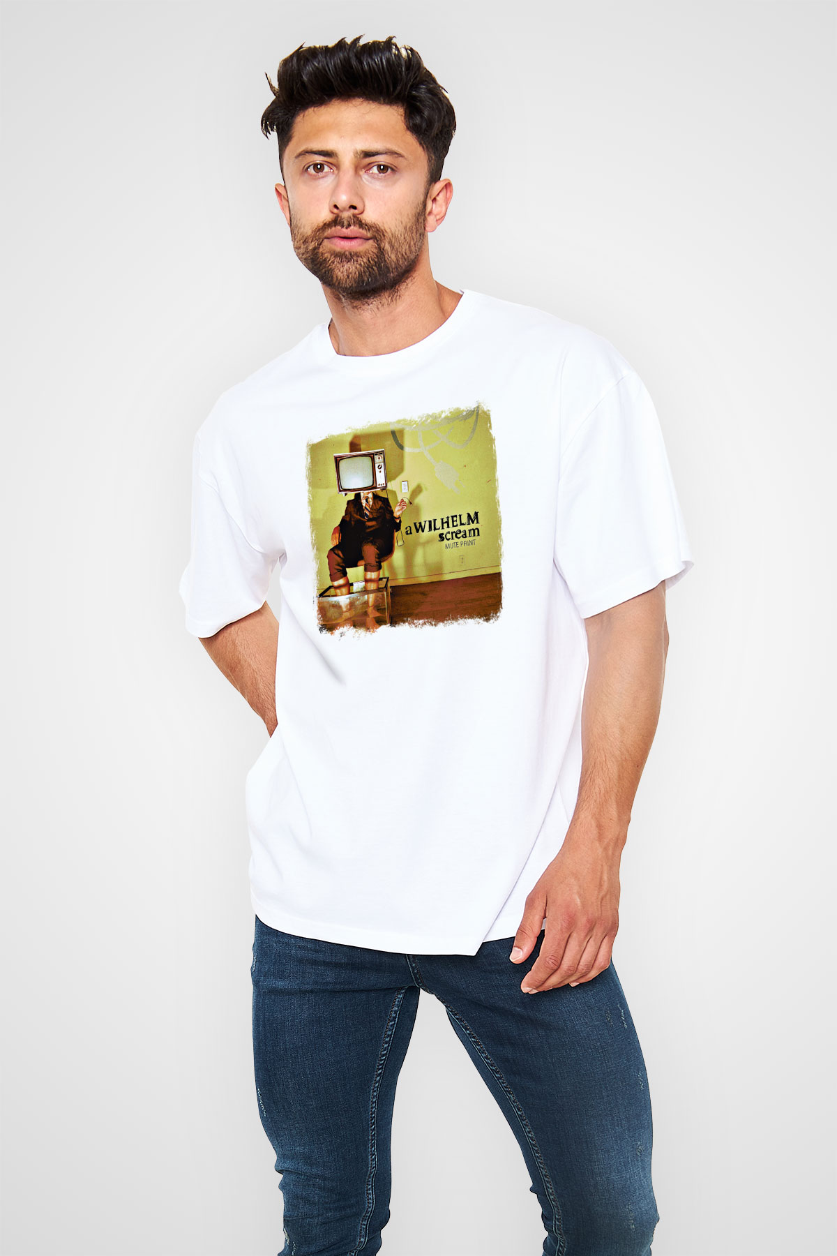 A Wilhelm Scream Baskılı Unisex Beyaz Oversize Tişört
