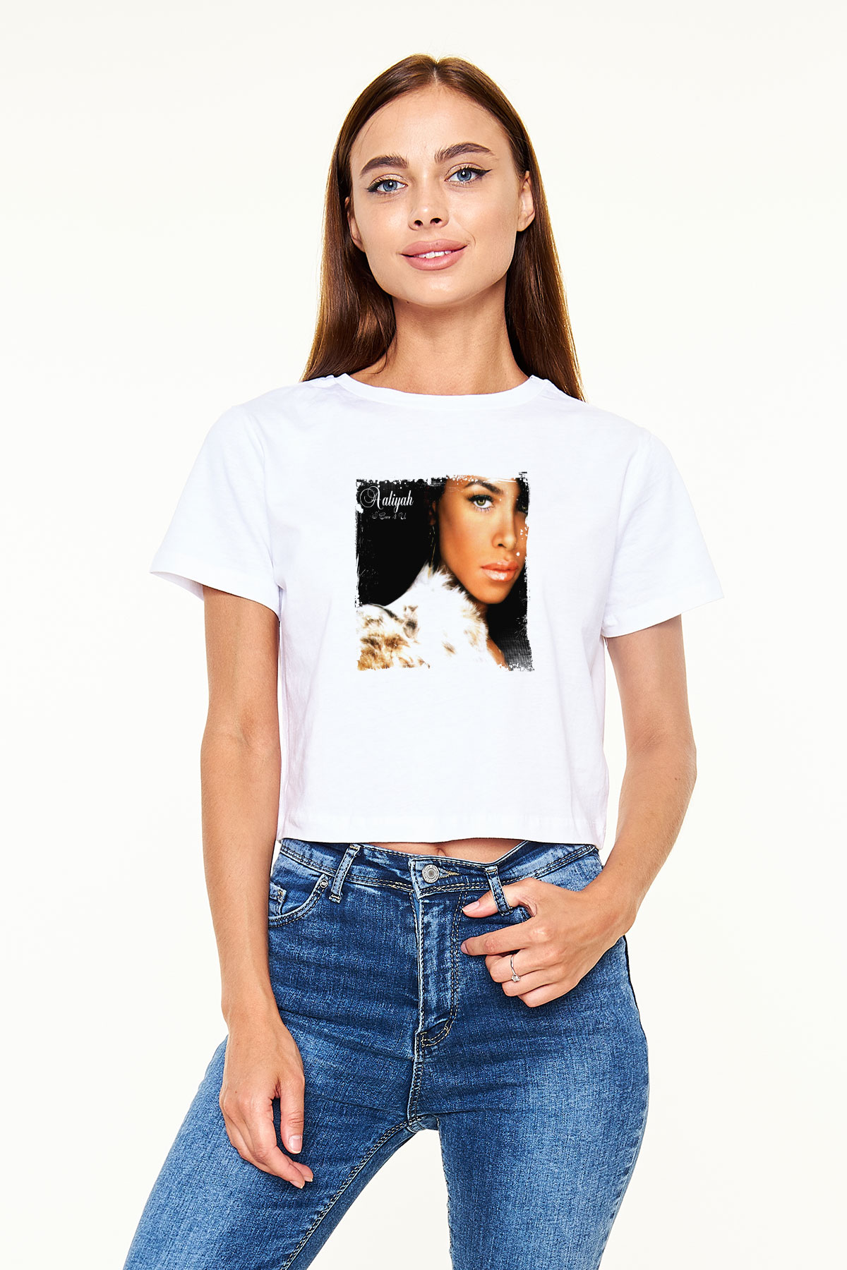 Aaliyah Baskılı Beyaz Kadın Crop Top Tişört