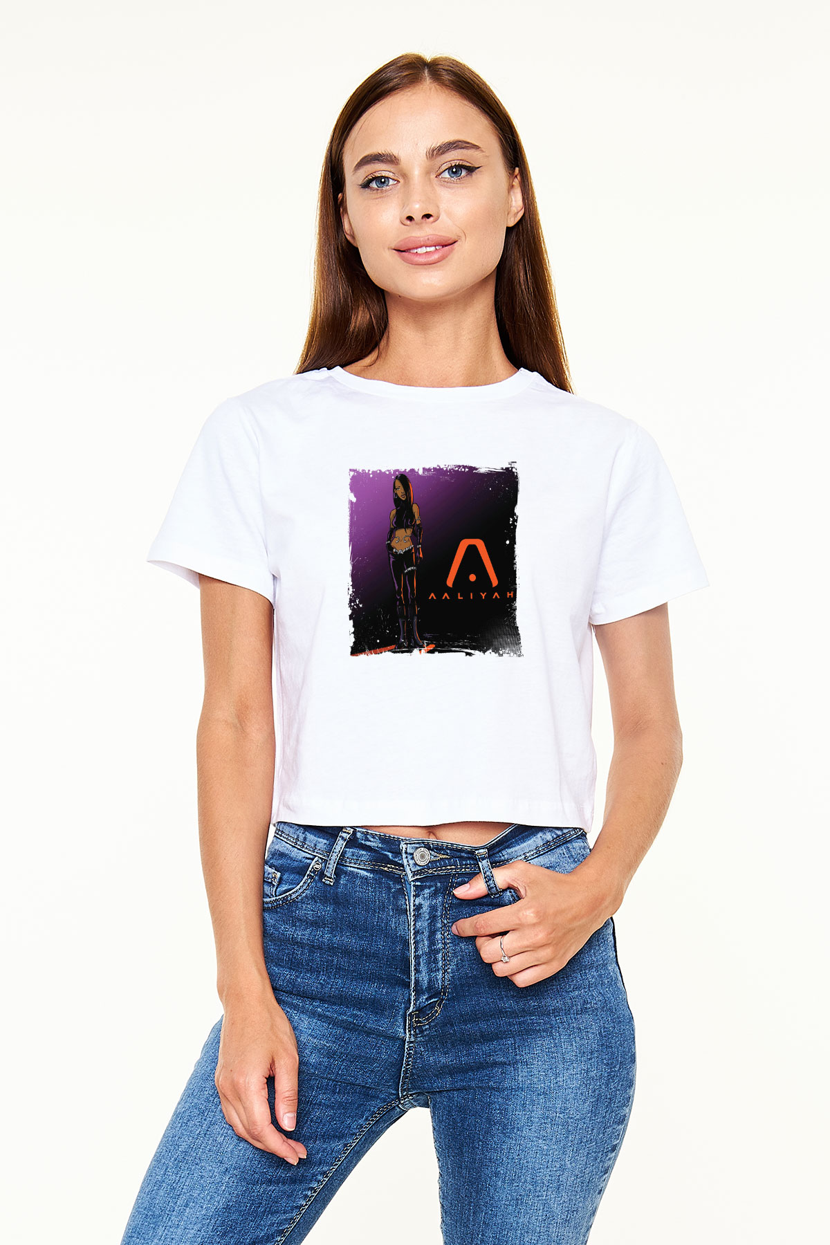 Aaliyah Baskılı Beyaz Kadın Crop Top Tişört