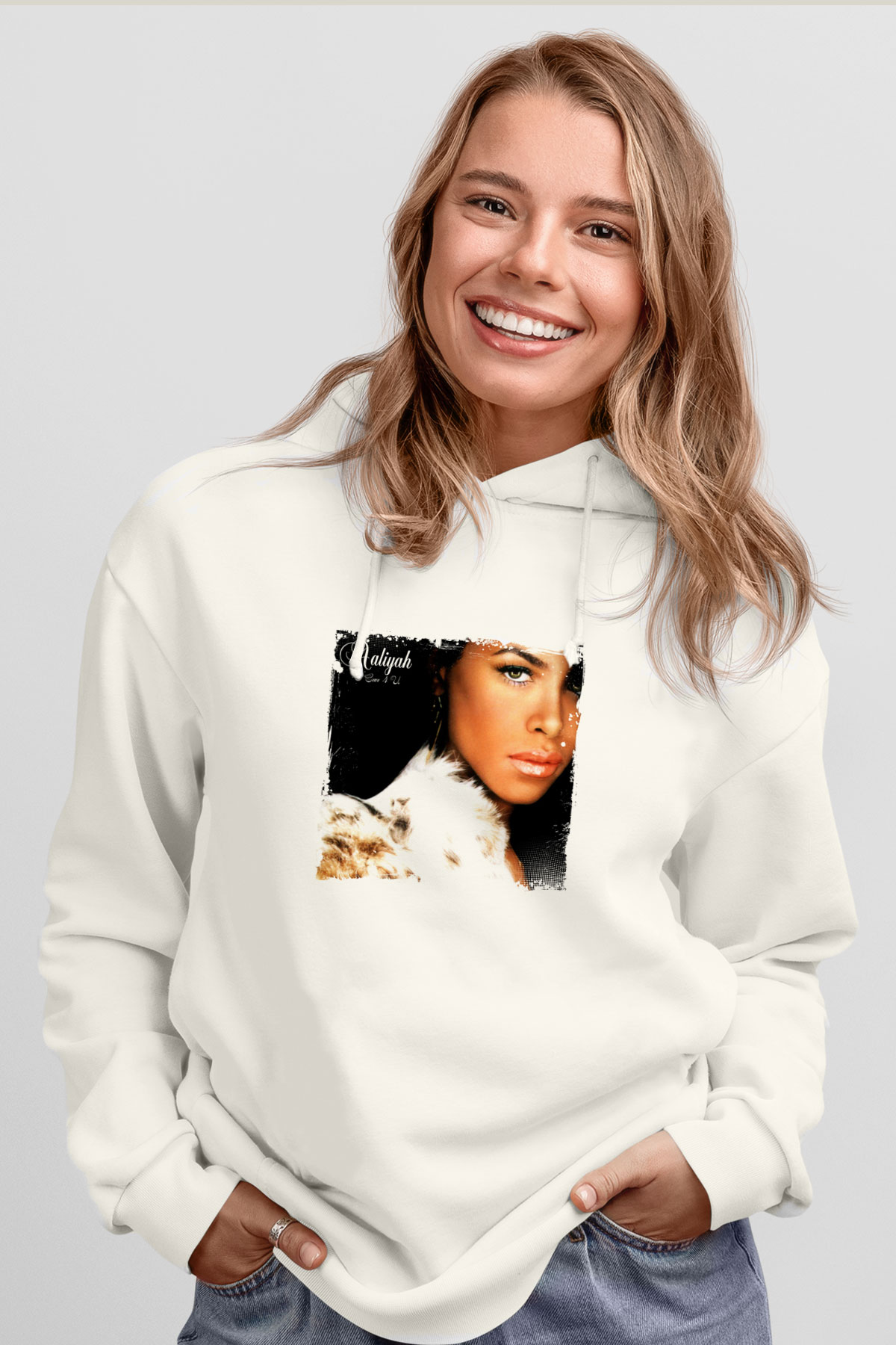 Aaliyah Baskılı Unisex Beyaz Kapüşonlu Sweatshirt