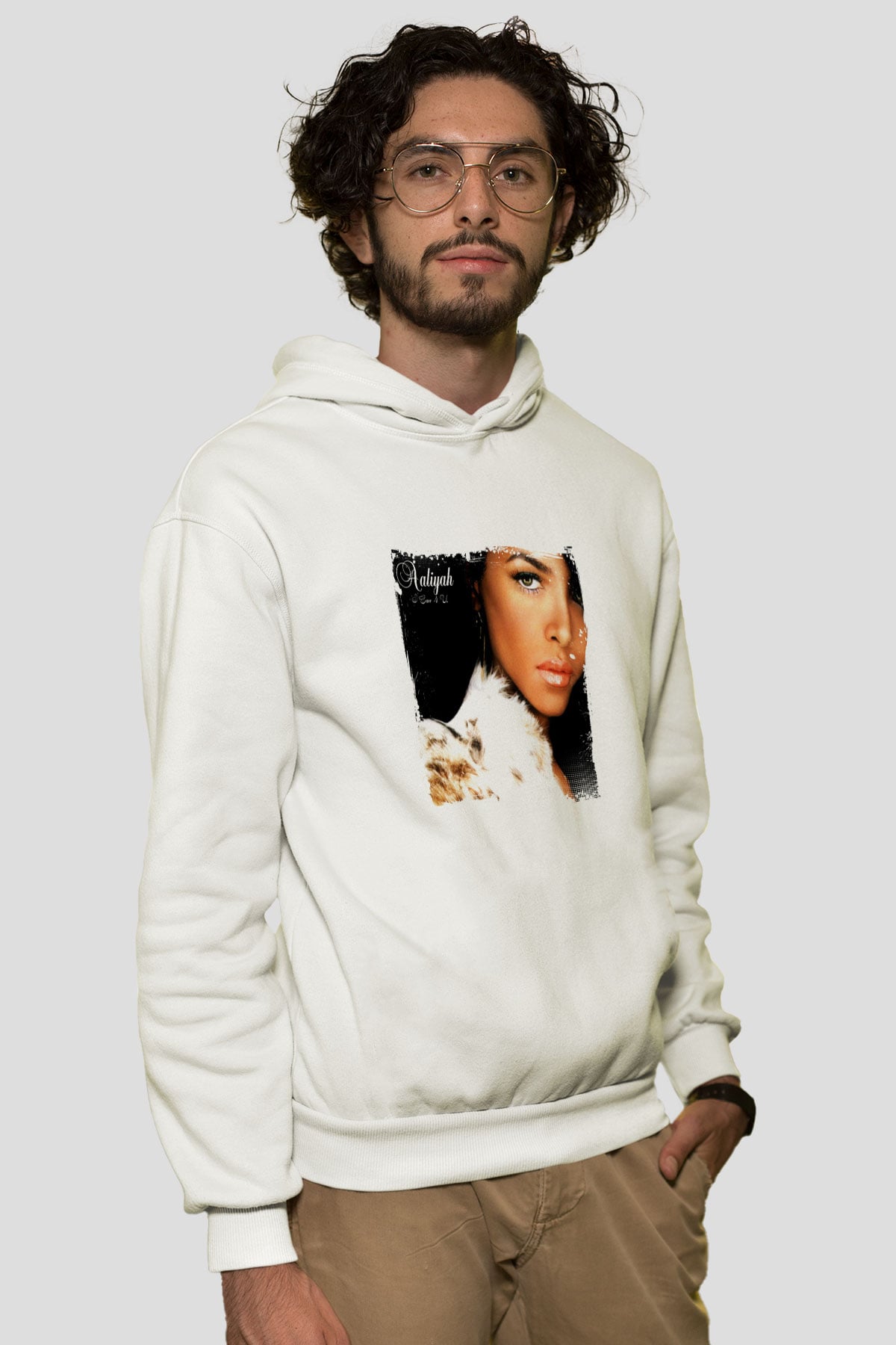 Aaliyah Baskılı Unisex Beyaz Kapüşonlu Sweatshirt