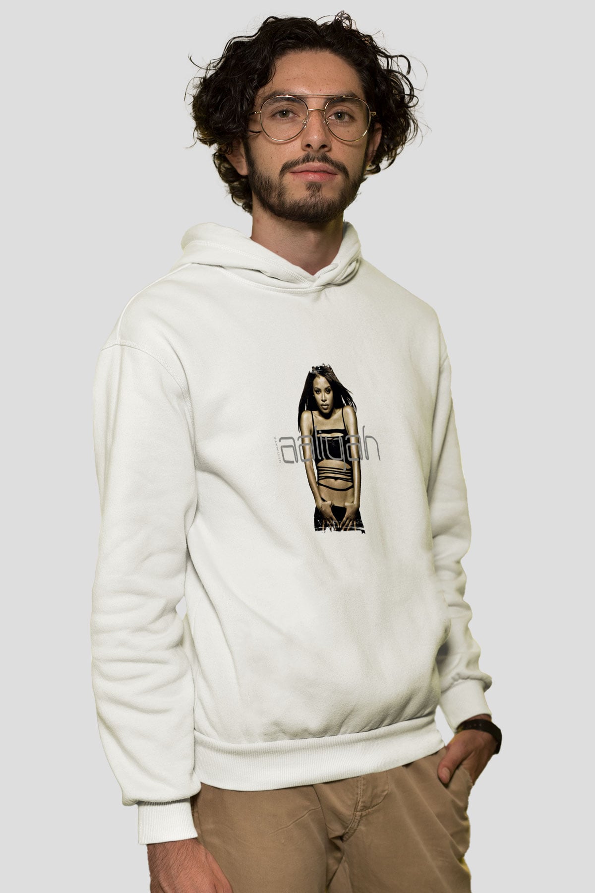 Aaliyah Baskılı Unisex Beyaz Kapüşonlu Sweatshirt