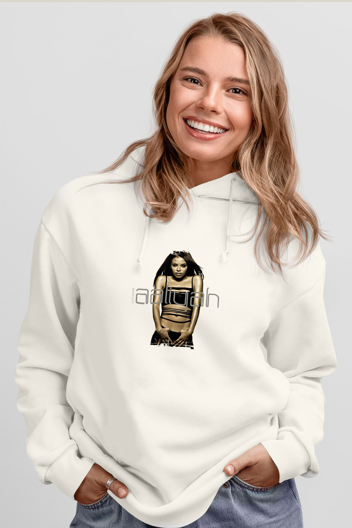 Aaliyah Baskılı Unisex Beyaz Kapüşonlu Sweatshirt