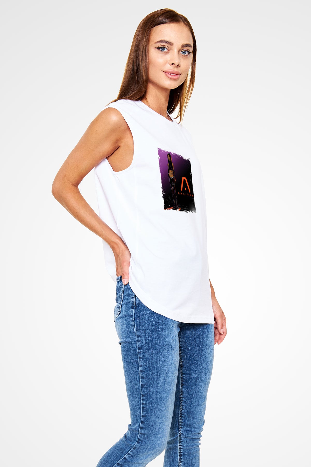 Aaliyah Baskılı Unisex Beyaz Kolsuz Tişört