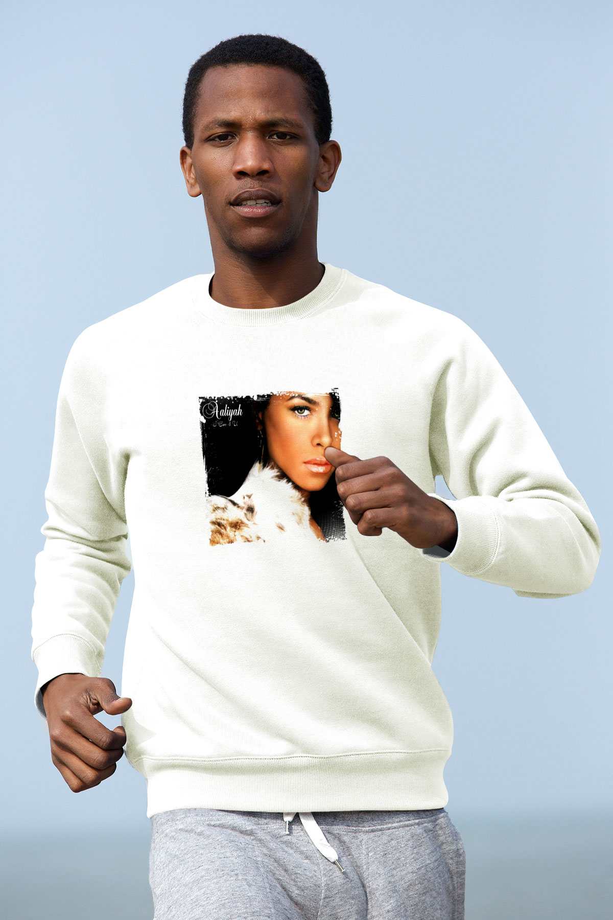 Aaliyah Baskılı Unisex Beyaz Sweatshirt