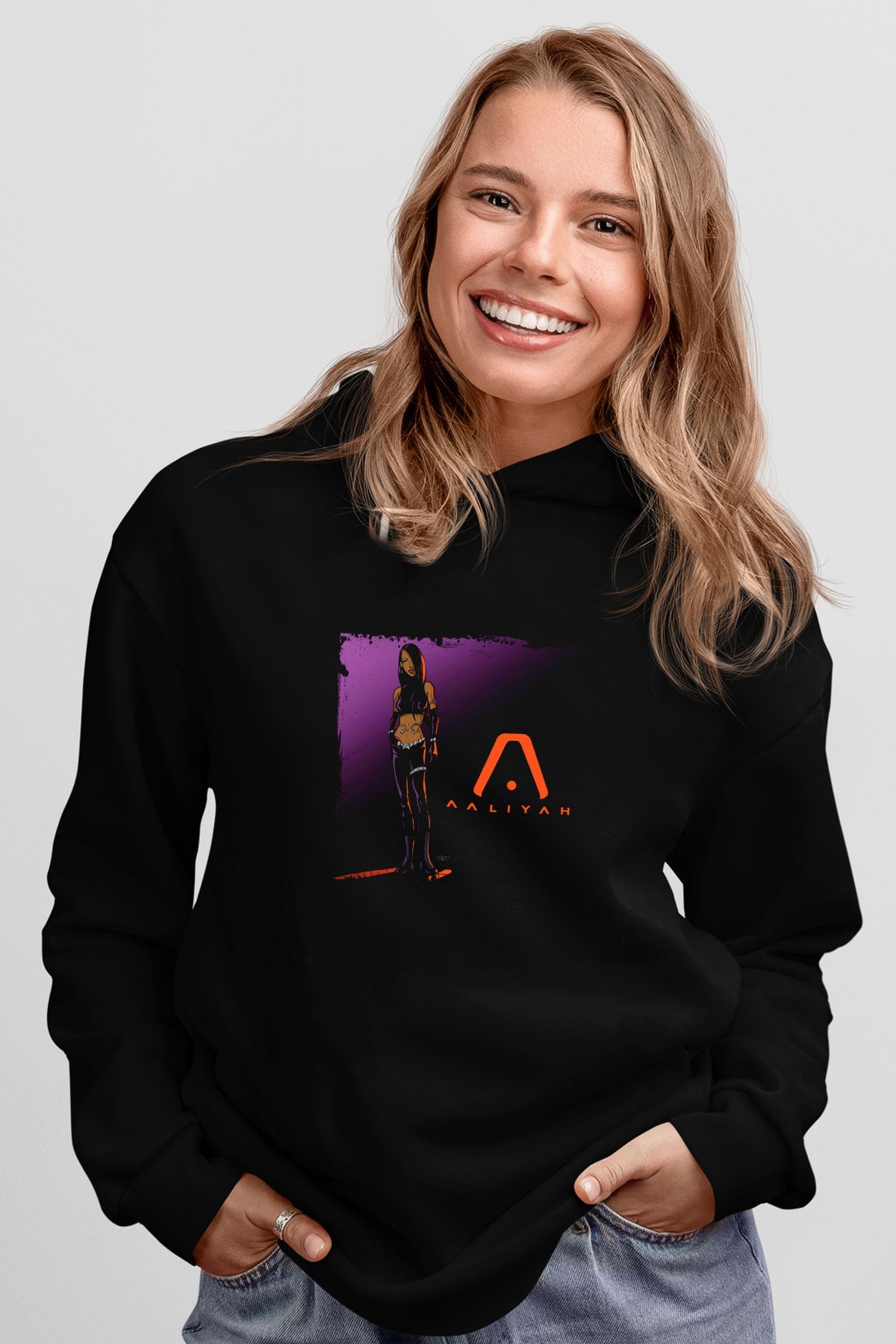 Aaliyah Baskılı Unisex Siyah Hoodie