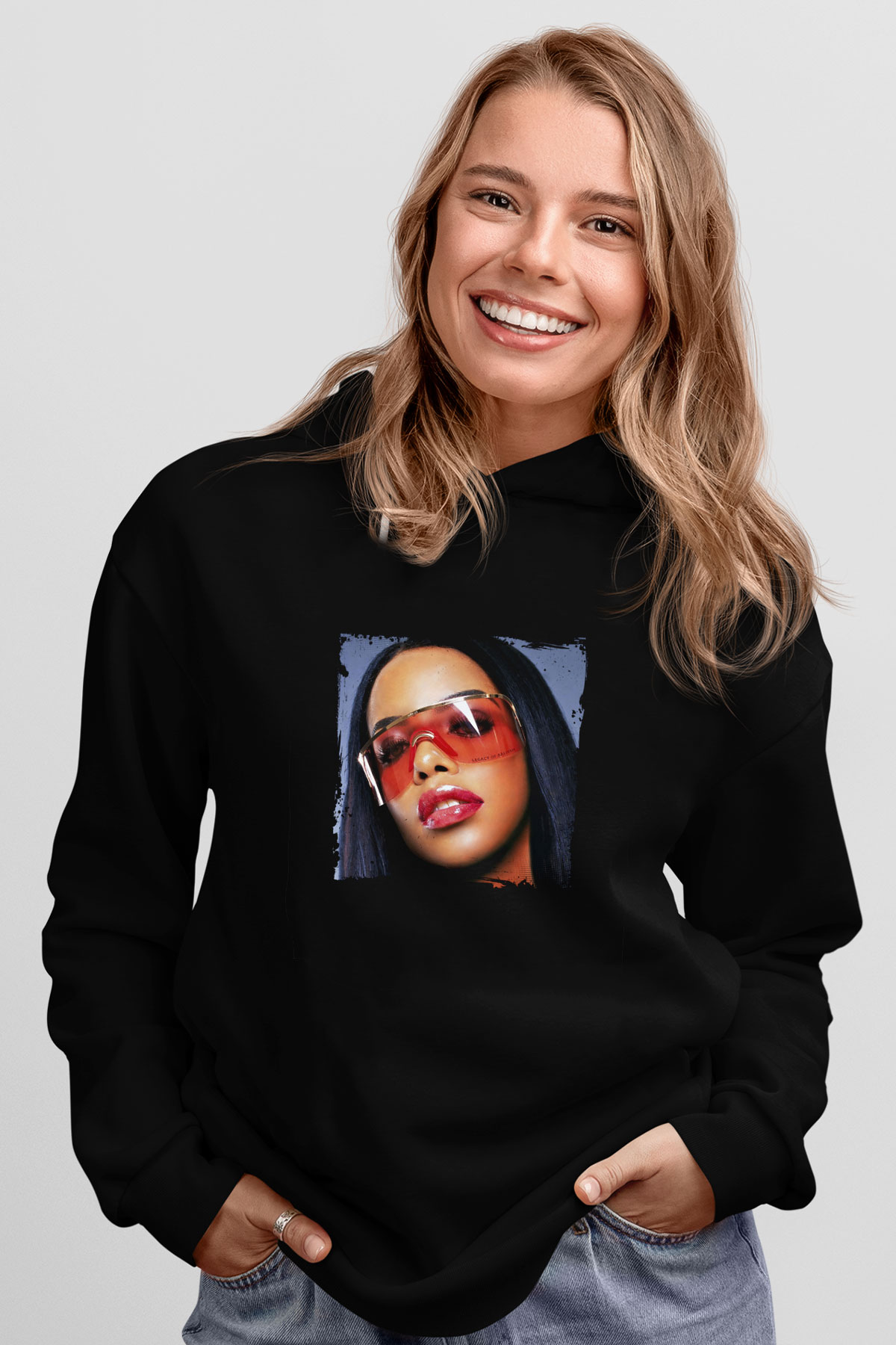 Aaliyah Baskılı Unisex Siyah Hoodie