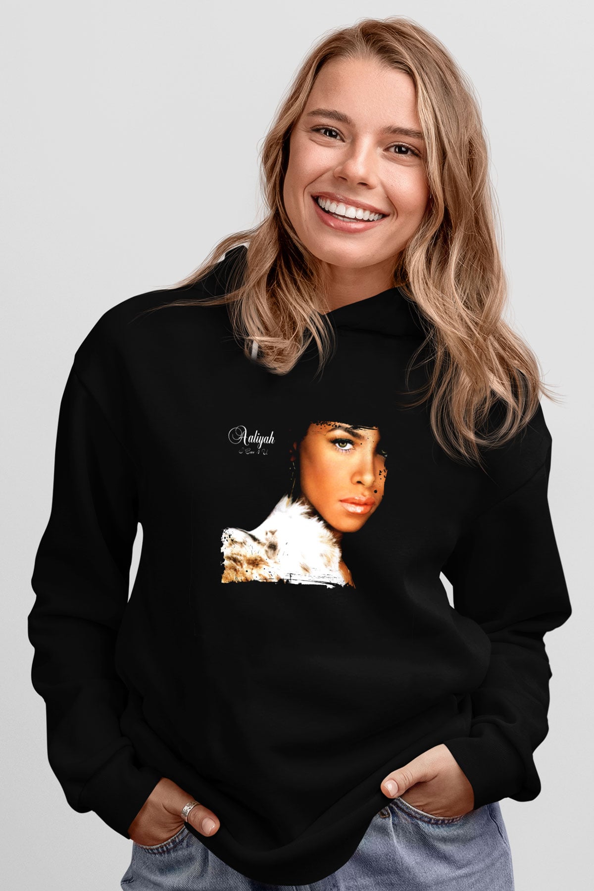Aaliyah Baskılı Unisex Siyah Hoodie