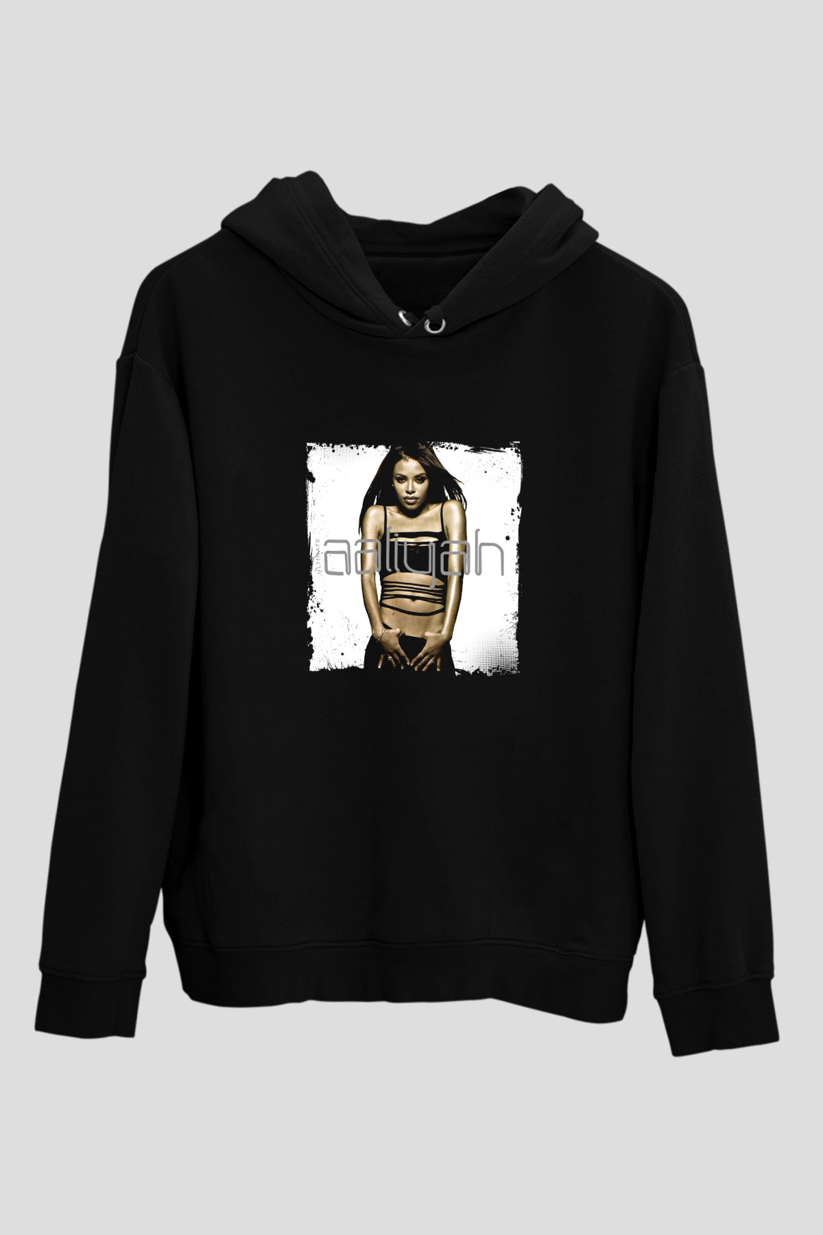 Aaliyah Baskılı Unisex Siyah Hoodie