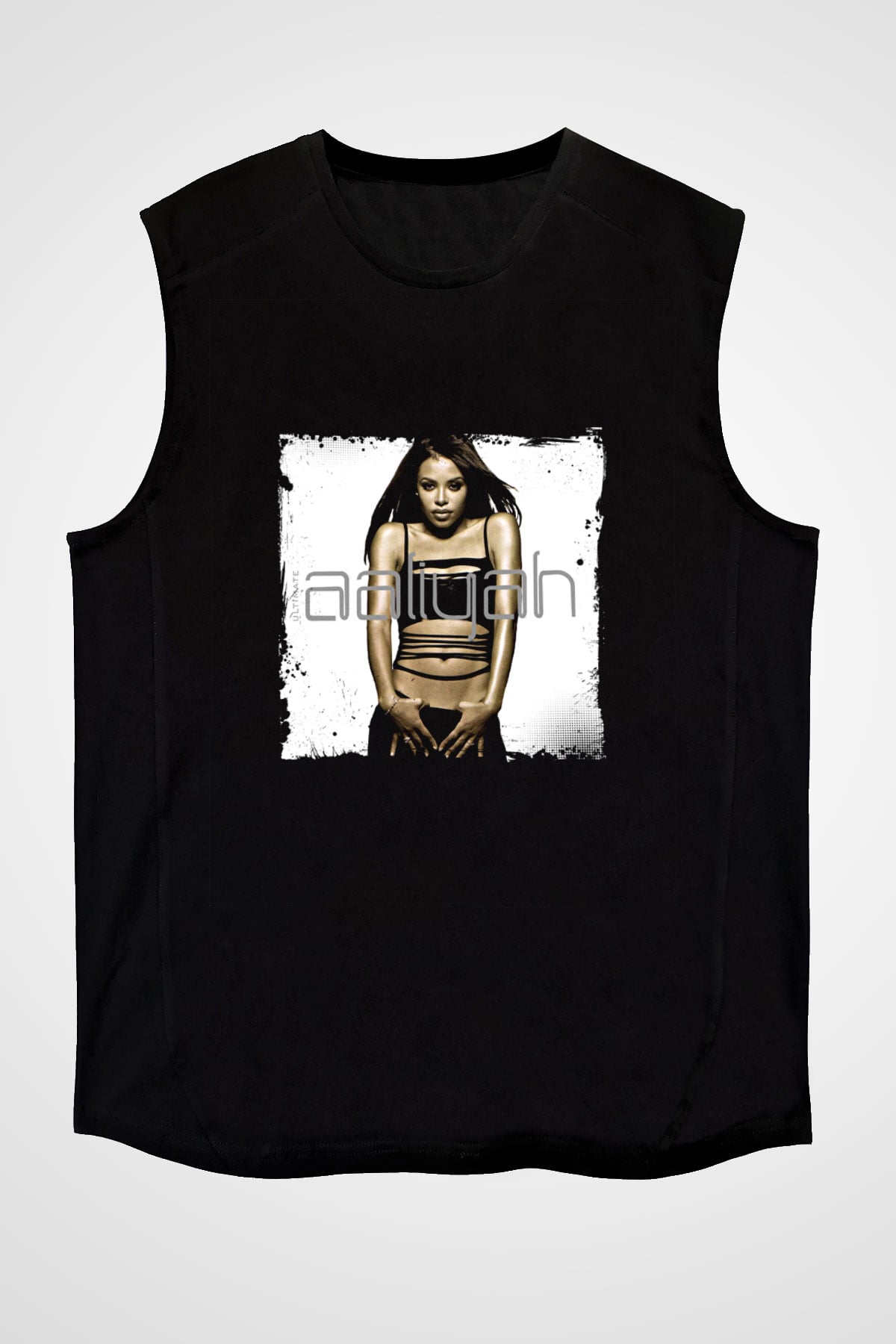 Aaliyah Baskılı Unisex Siyah Kolsuz Tişört