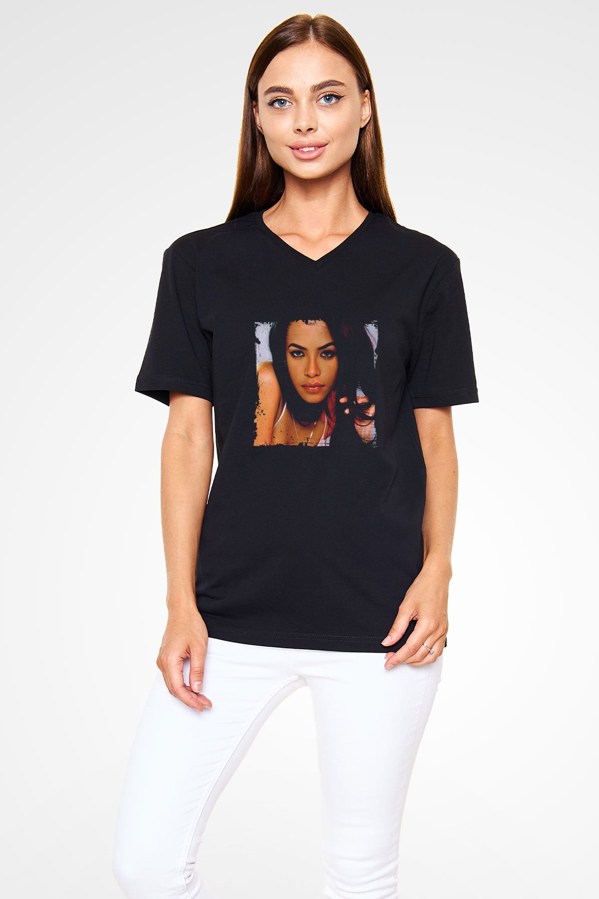 Aaliyah Baskılı Unisex Siyah V Yaka Tişört