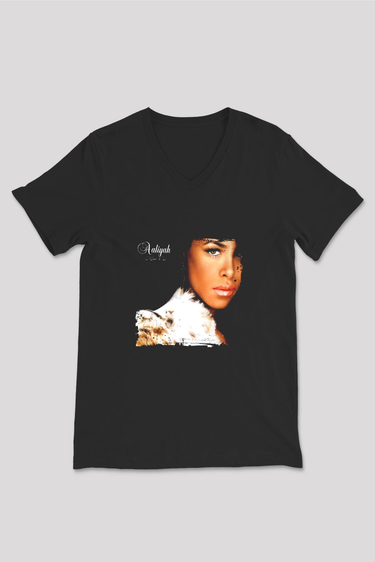 Aaliyah Baskılı Unisex Siyah V Yaka Tişört