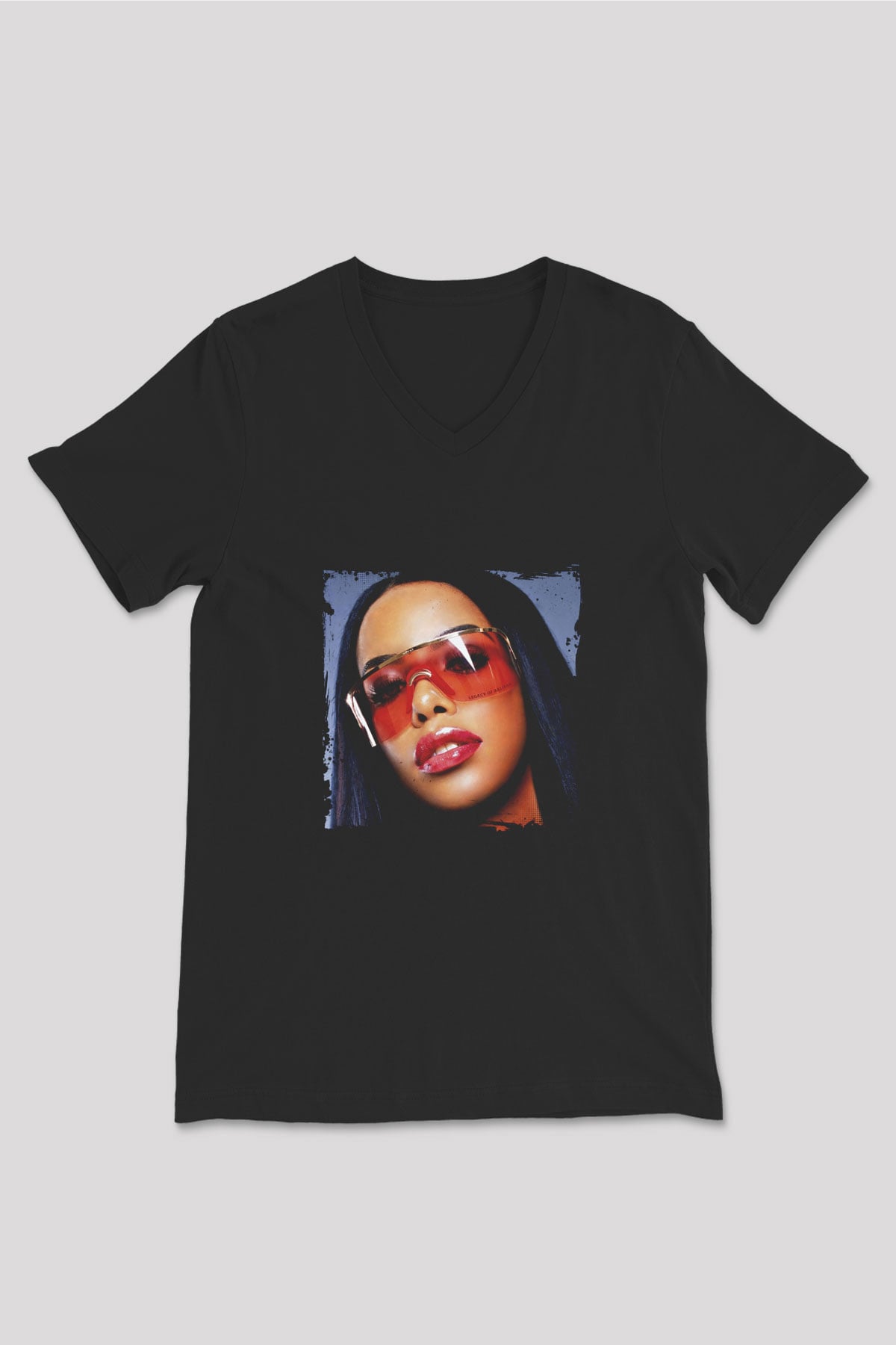 Aaliyah Baskılı Unisex Siyah V Yaka Tişört