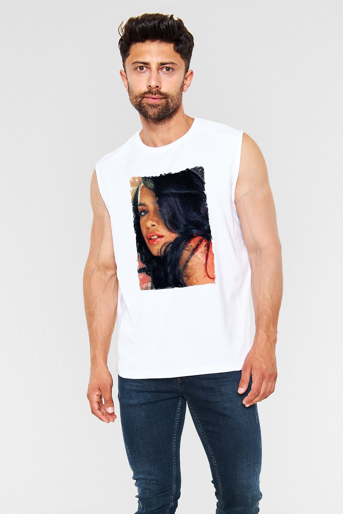 Aaliyah Beyaz Unisex Kolsuz Tişört