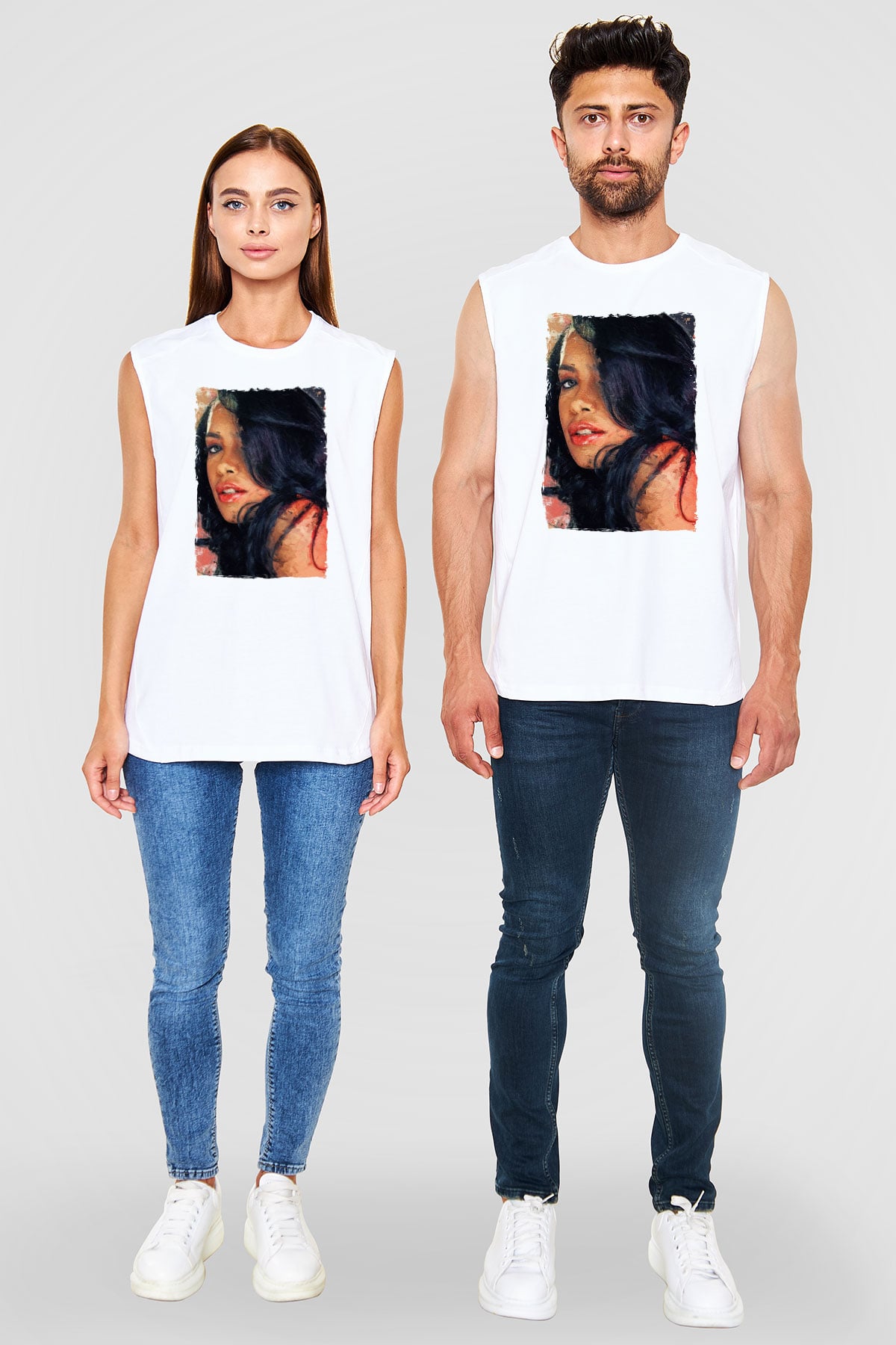 Aaliyah Beyaz Unisex Kolsuz Tişört