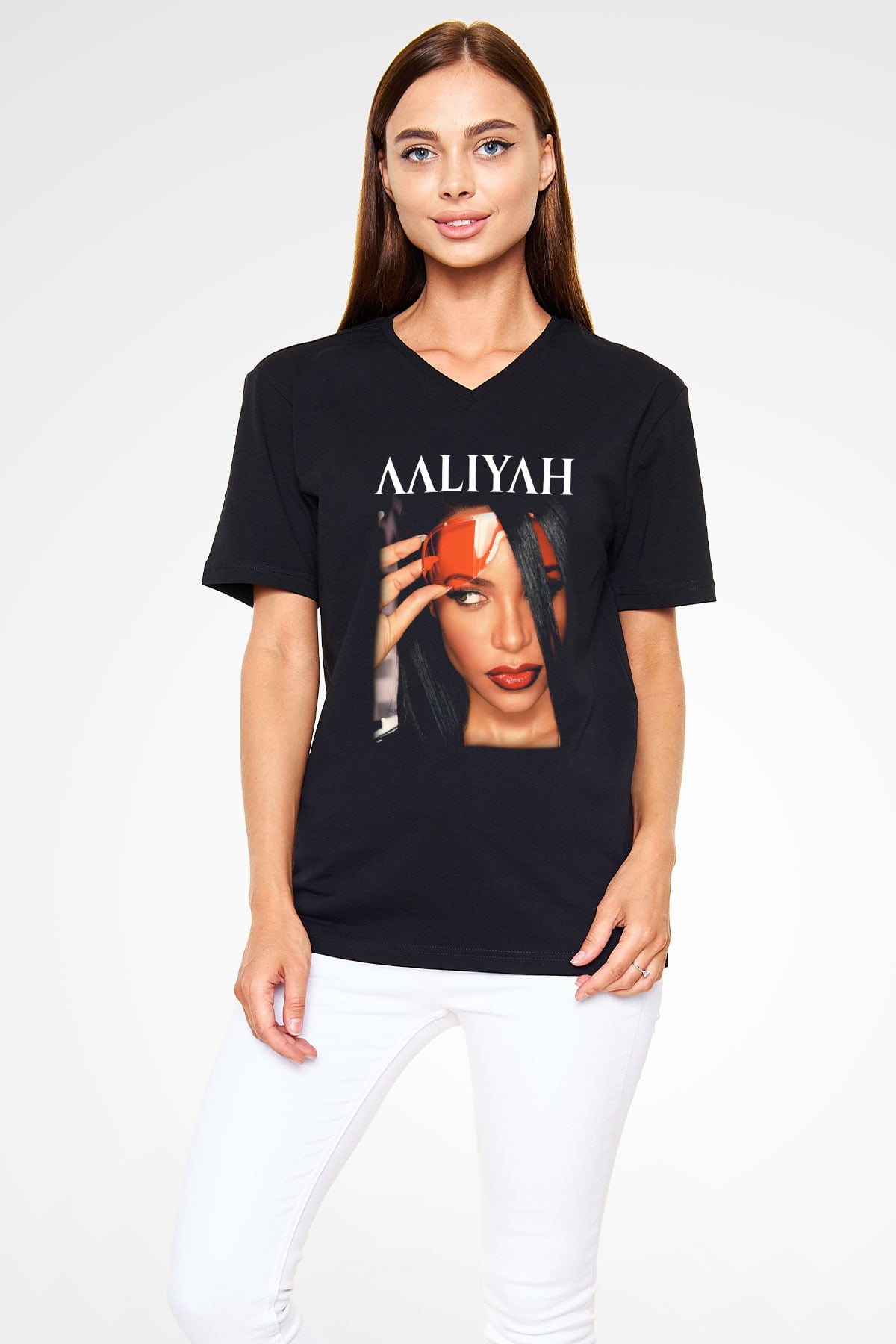 Aaliyah Siyah Unisex V Yaka Tişört T-Shirt