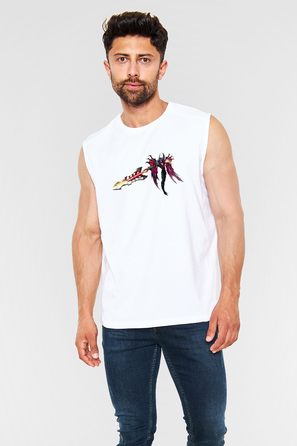 Aatrox James Baskılı Beyaz Unisex Kolsuz Tişört - Tshirt