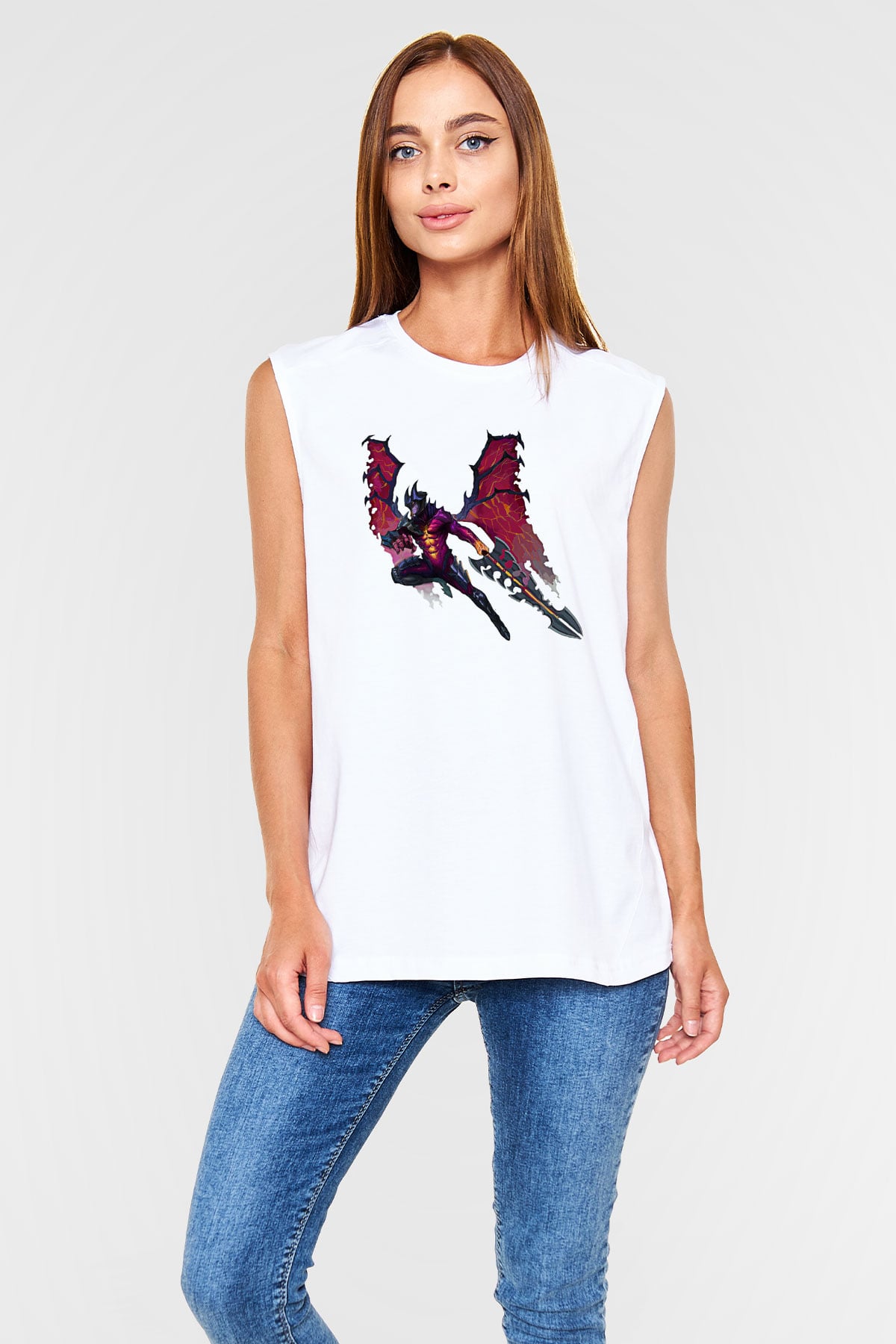 Aatrox James Baskılı Beyaz Unisex Kolsuz Tişört - Tshirt