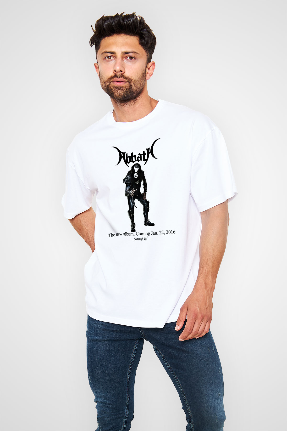 Abbath Baskılı Unisex Beyaz Oversize Tişört