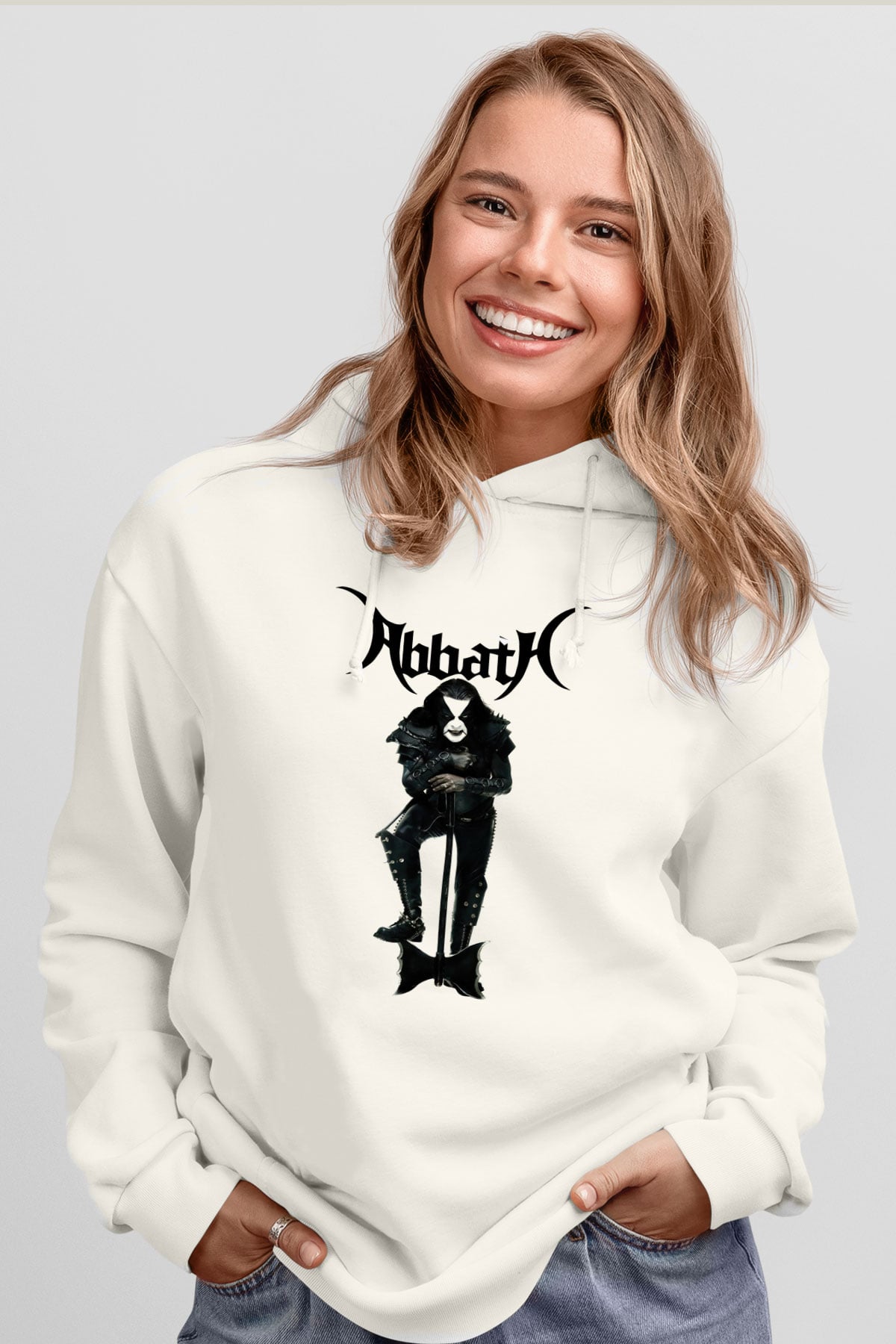 Abbath Beyaz Unisex Kapşonlu Sweatshirt