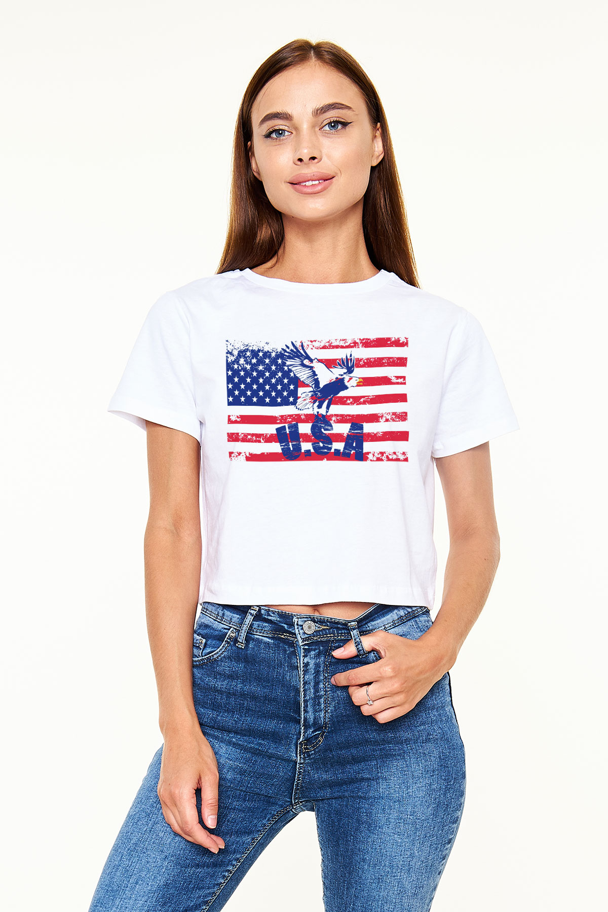 ABD Beyaz Croptop Tişört