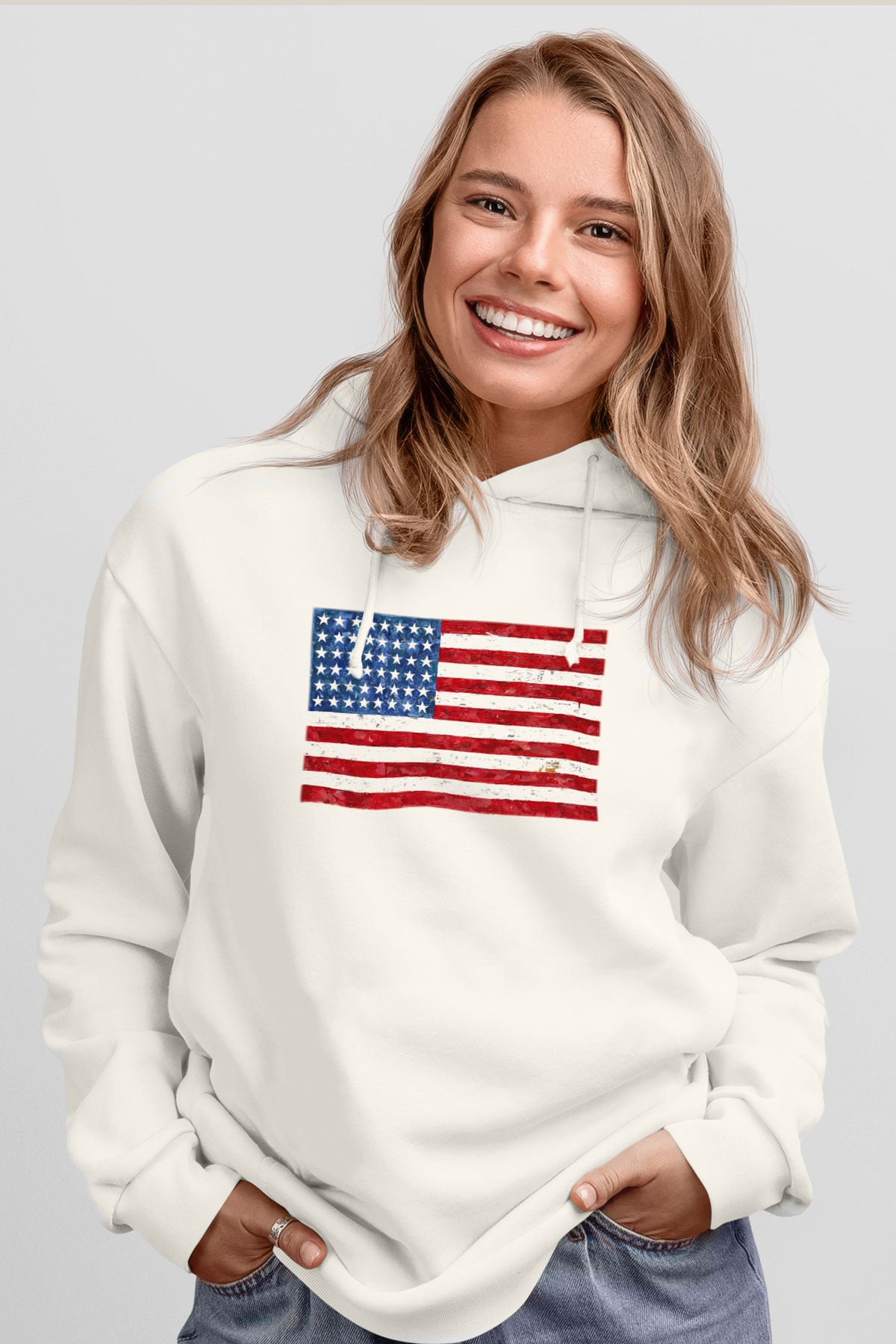 ABD Beyaz Unisex Kapşonlu Sweatshirt