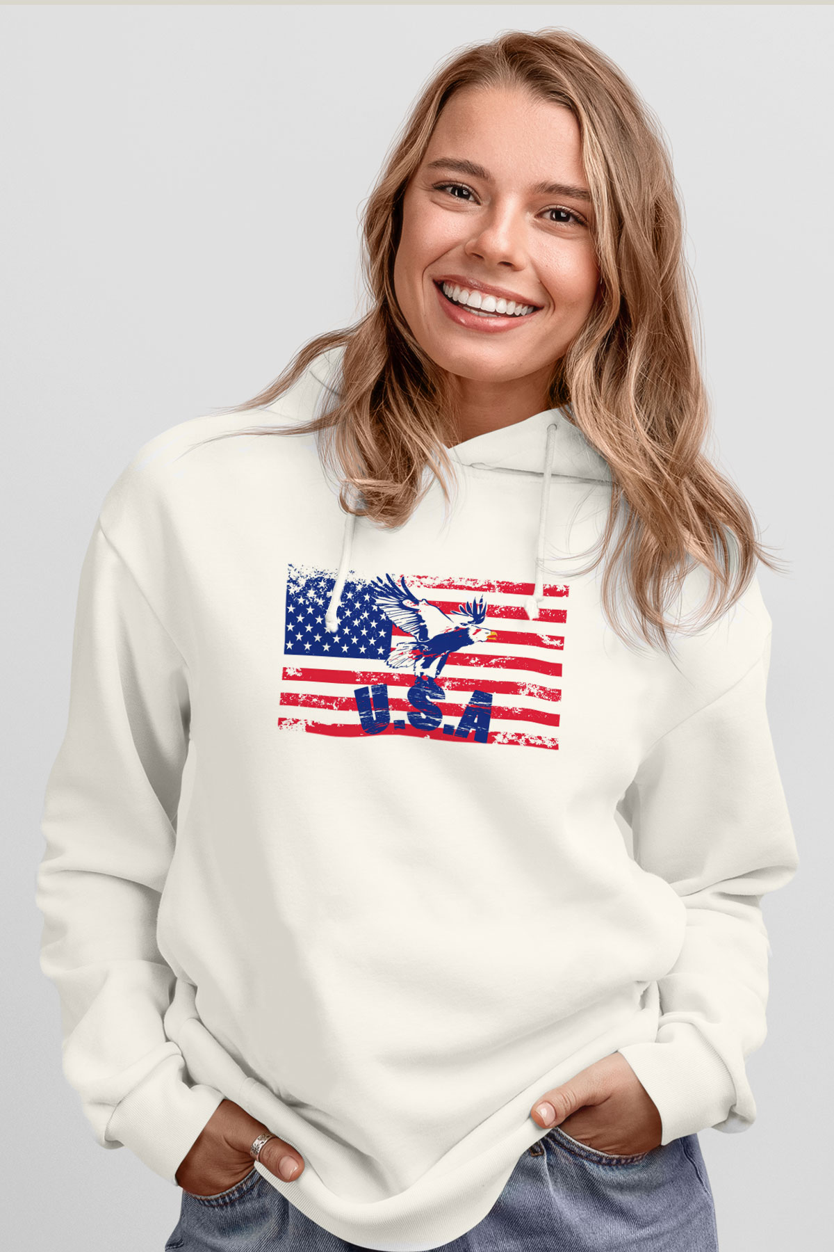 ABD Beyaz Unisex Kapşonlu Sweatshirt