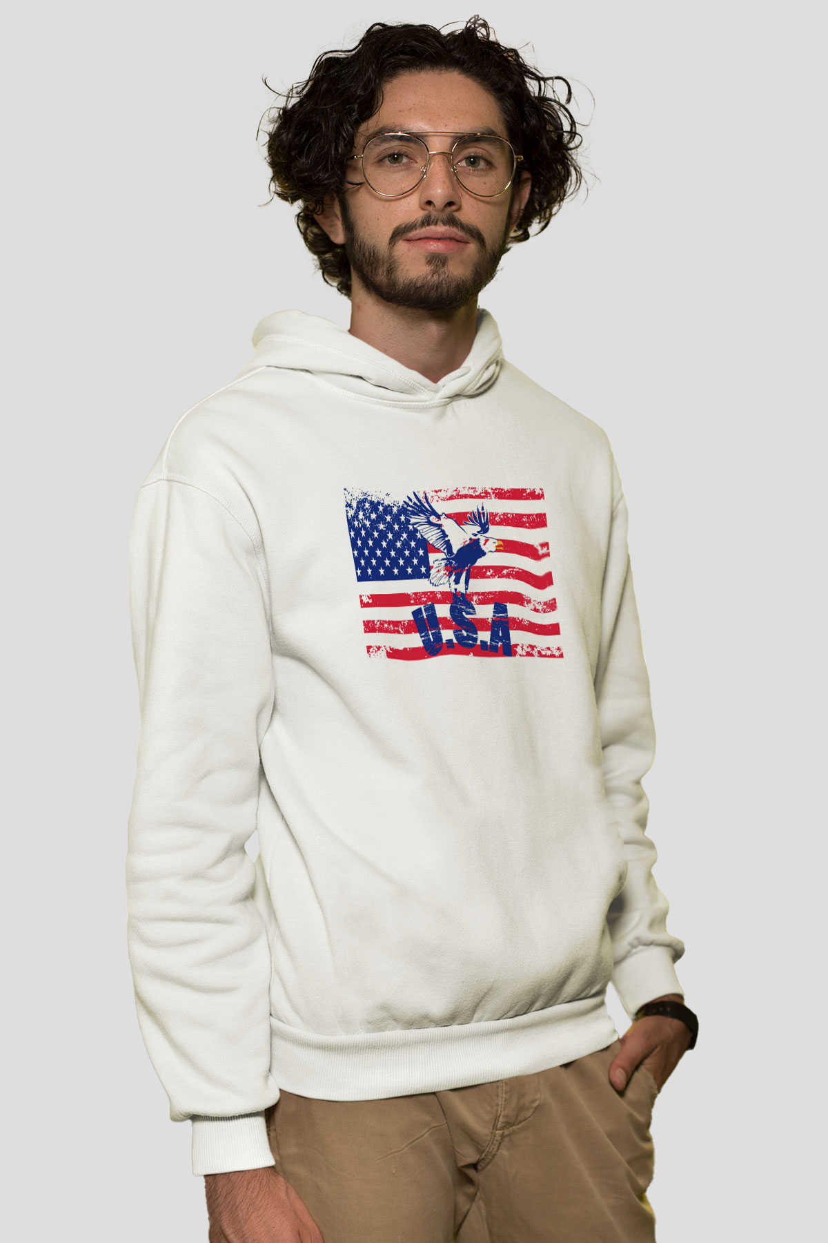 ABD Beyaz Unisex Kapşonlu Sweatshirt