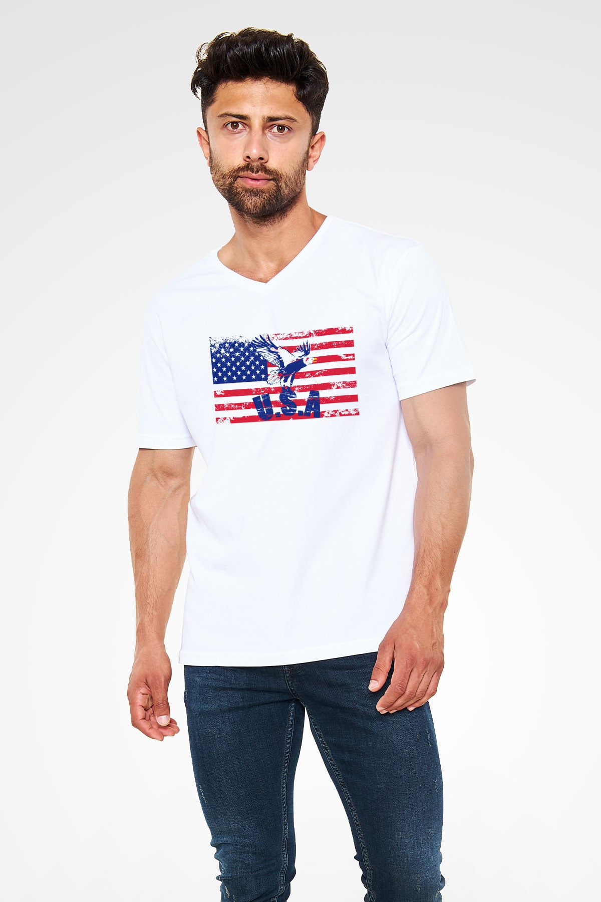 ABD Beyaz Unisex V Yaka Tişört T-Shirt