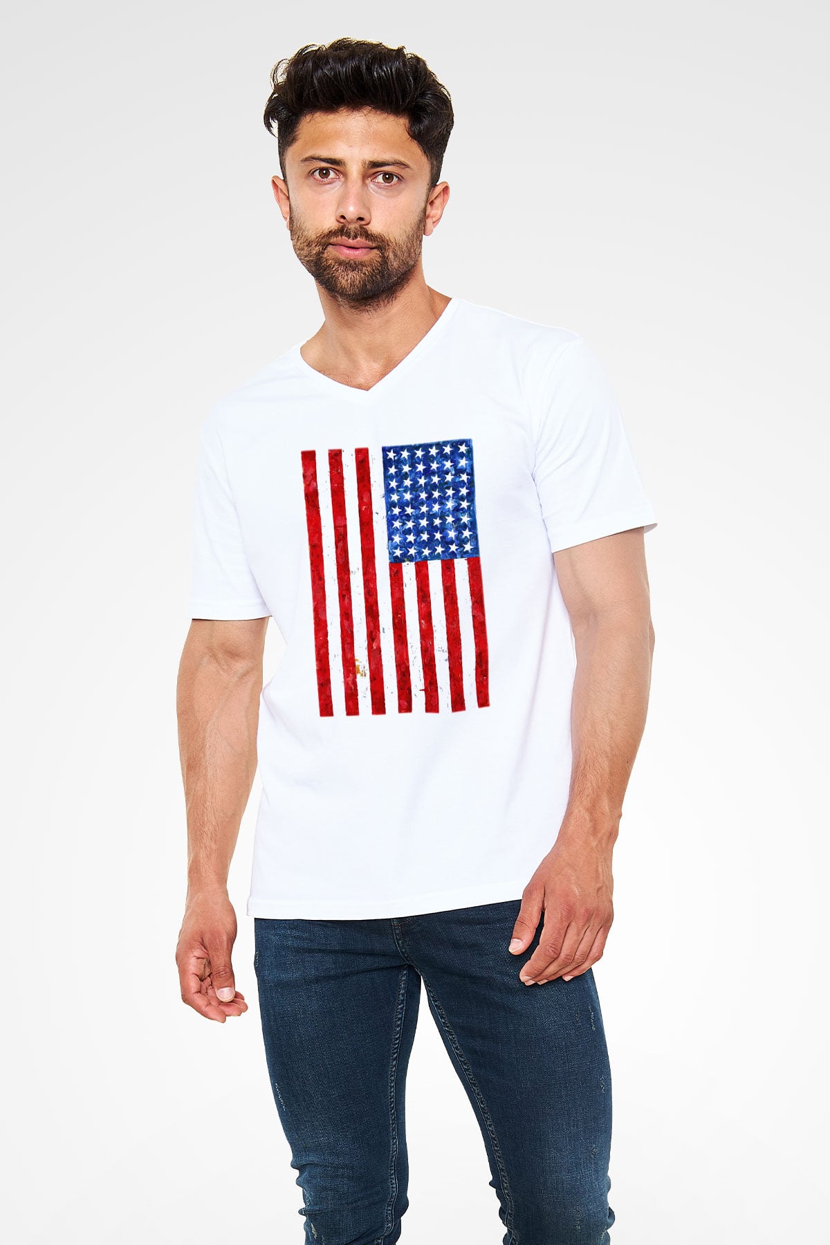 ABD Beyaz Unisex V Yaka Tişört T-Shirt