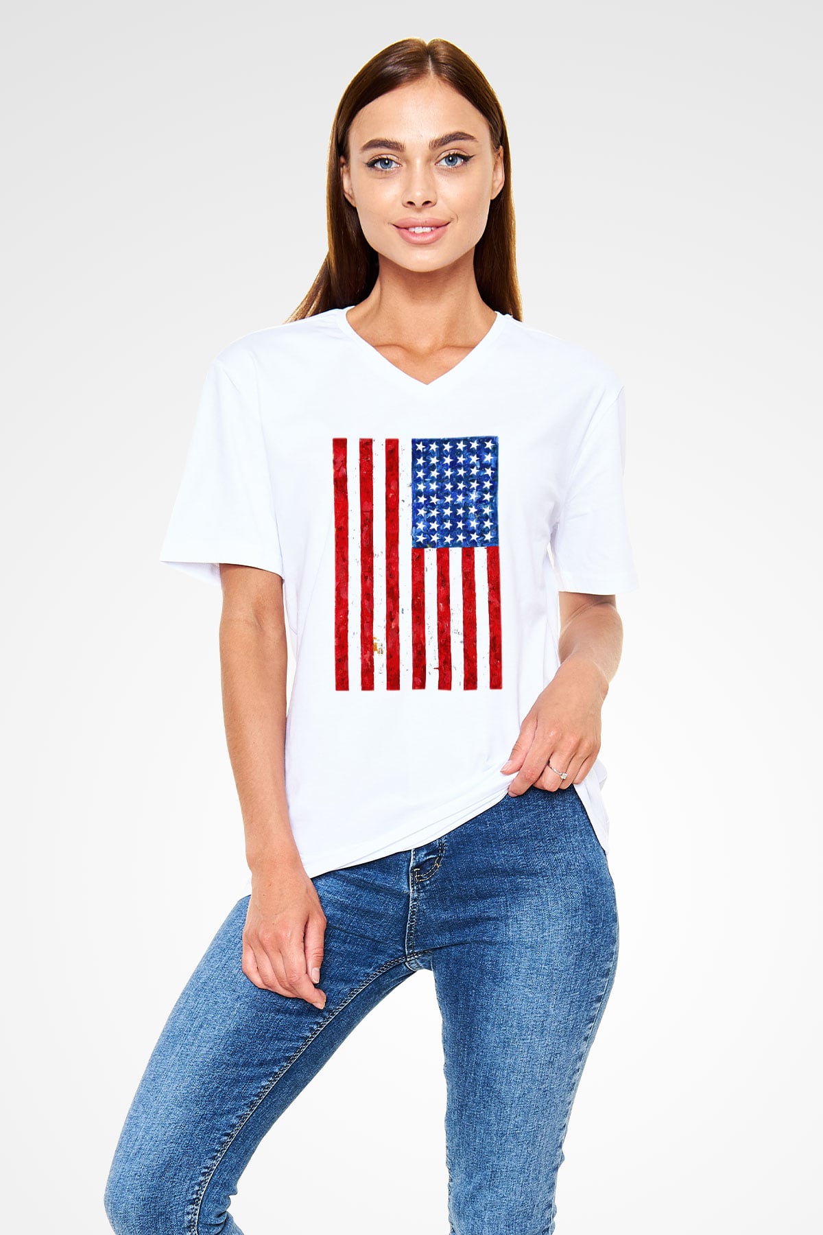 ABD Beyaz Unisex V Yaka Tişört T-Shirt
