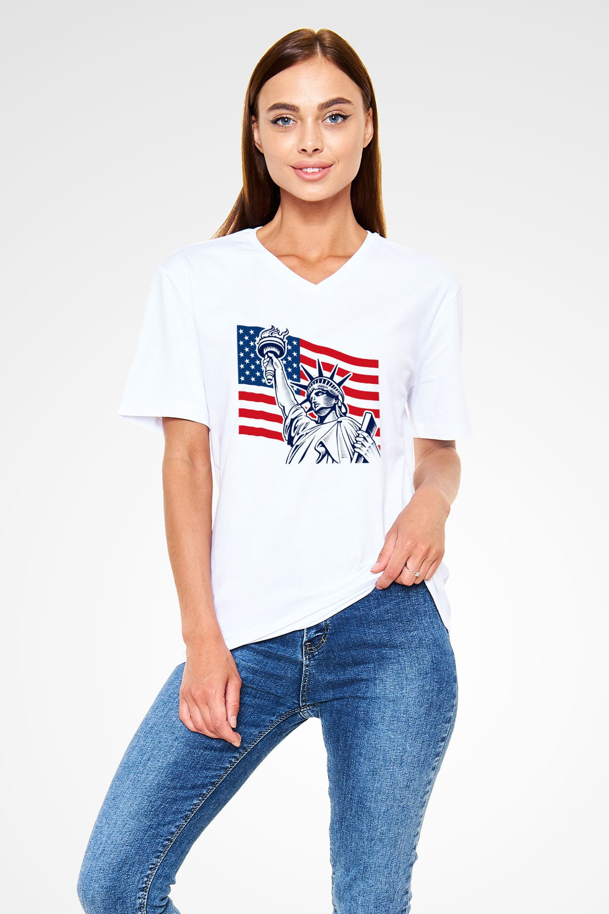 ABD Beyaz Unisex V Yaka Tişört T-Shirt