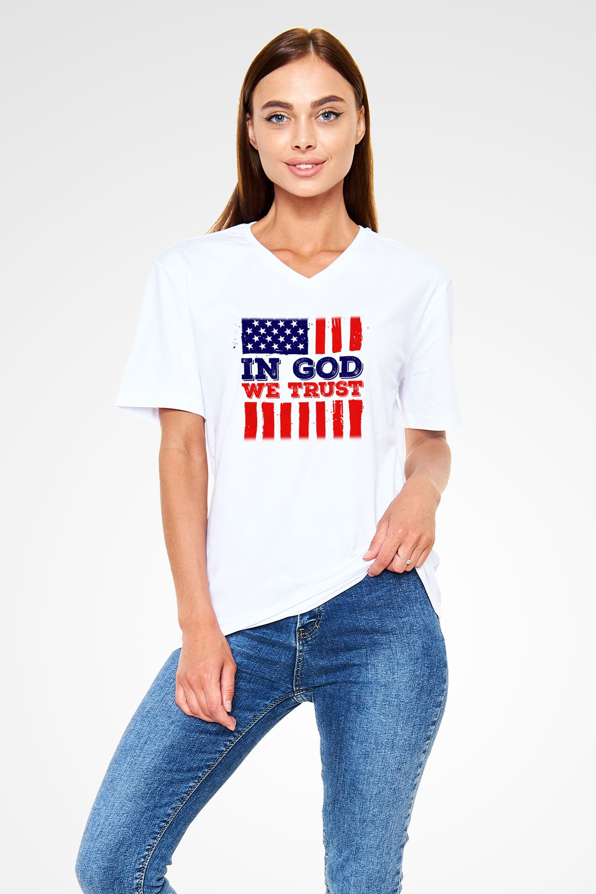 ABD Beyaz Unisex V Yaka Tişört T-Shirt