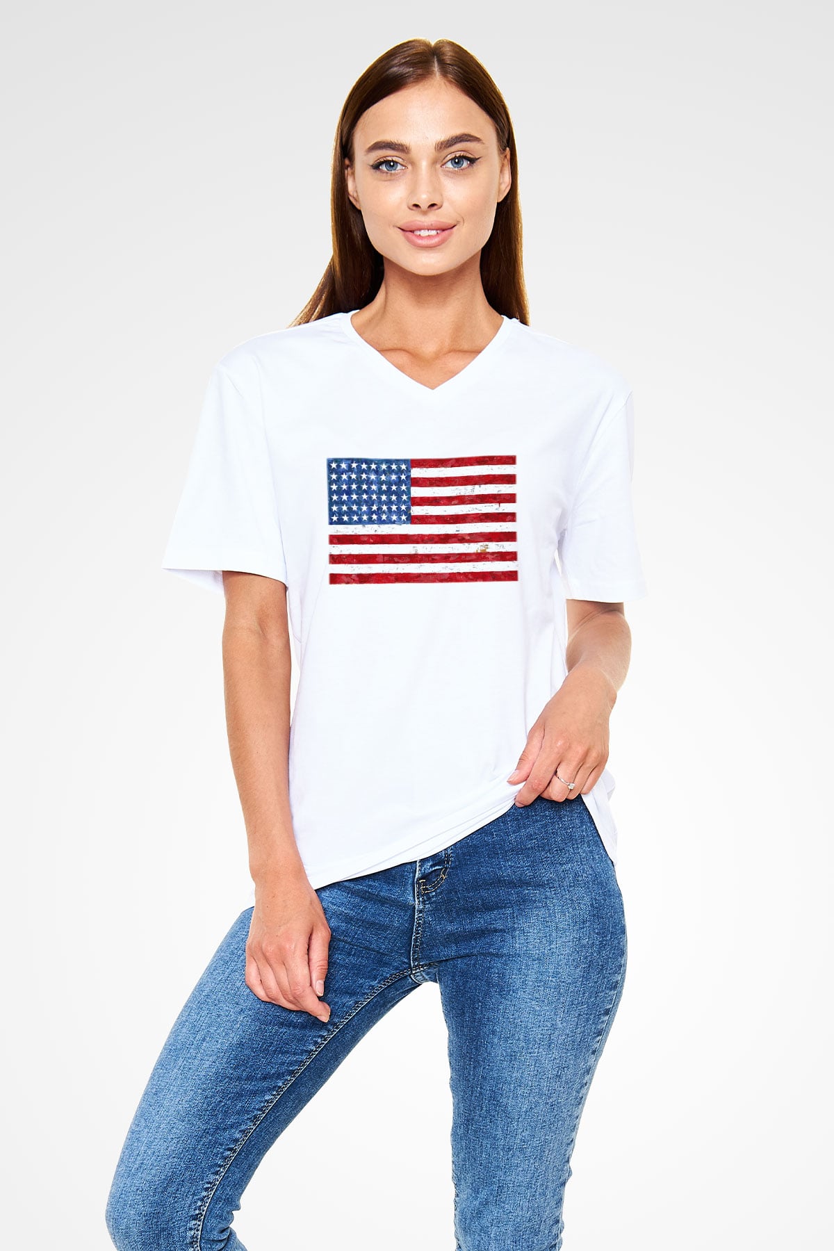 ABD Beyaz Unisex V Yaka Tişört T-Shirt
