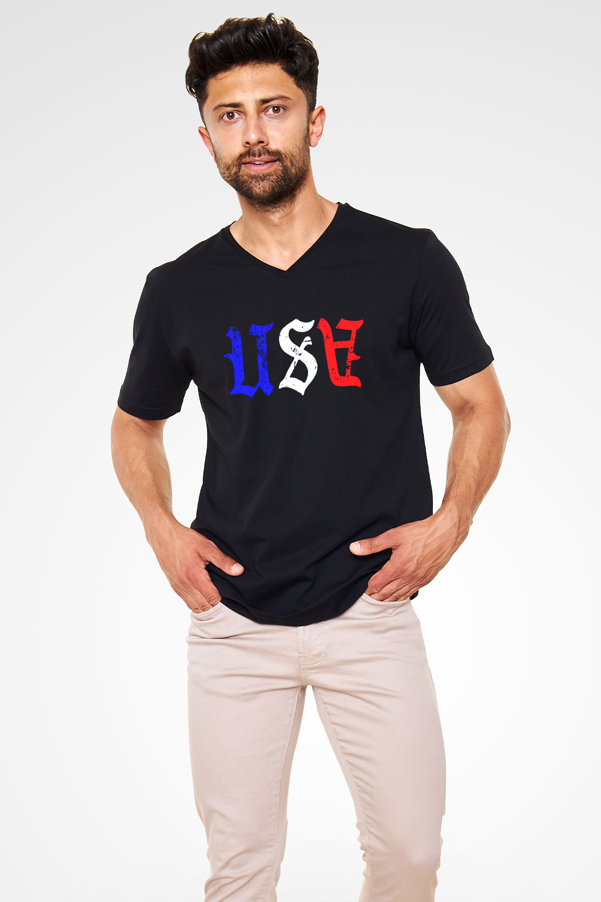 ABD Siyah Unisex V Yaka Tişört
