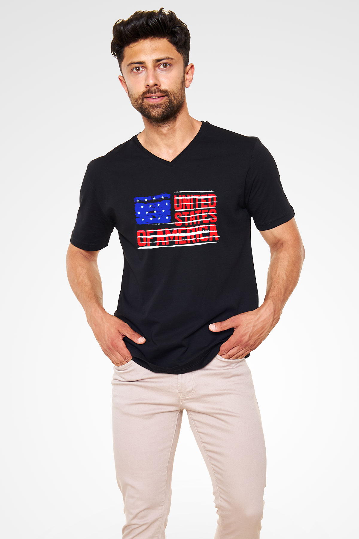 ABD Siyah Unisex V Yaka Tişört