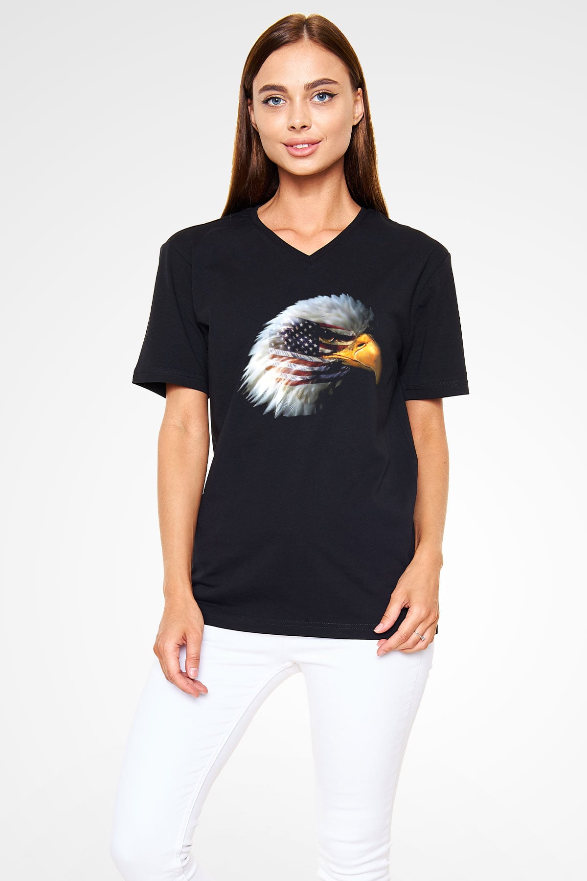 ABD Siyah Unisex V Yaka Tişört T-Shirt