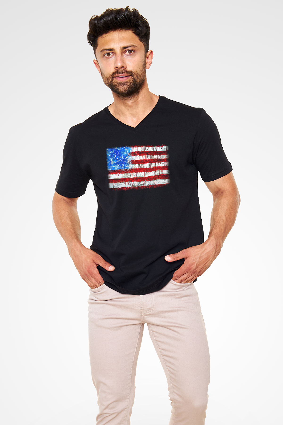 ABD Siyah Unisex V Yaka Tişört T-Shirt