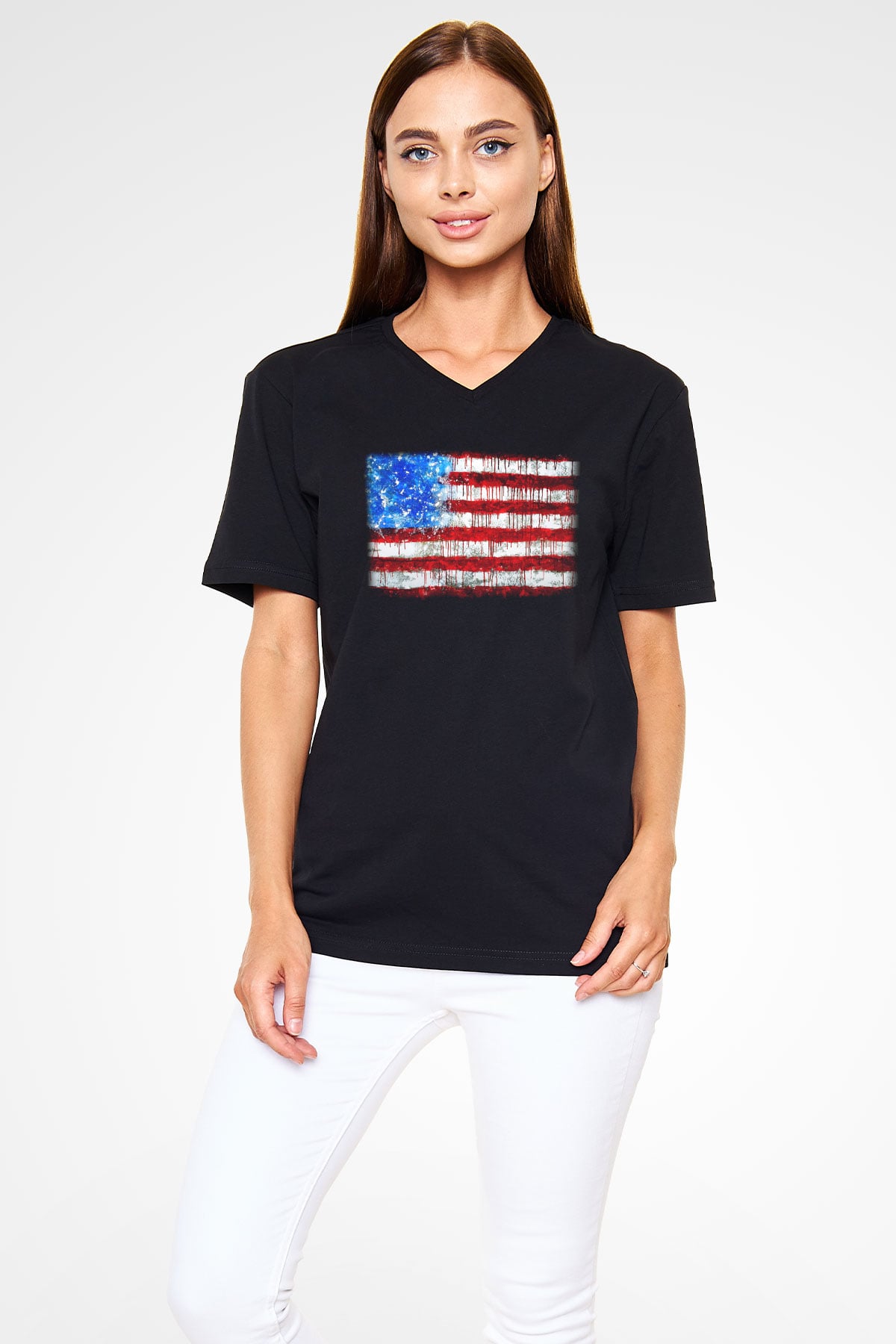 ABD Siyah Unisex V Yaka Tişört T-Shirt