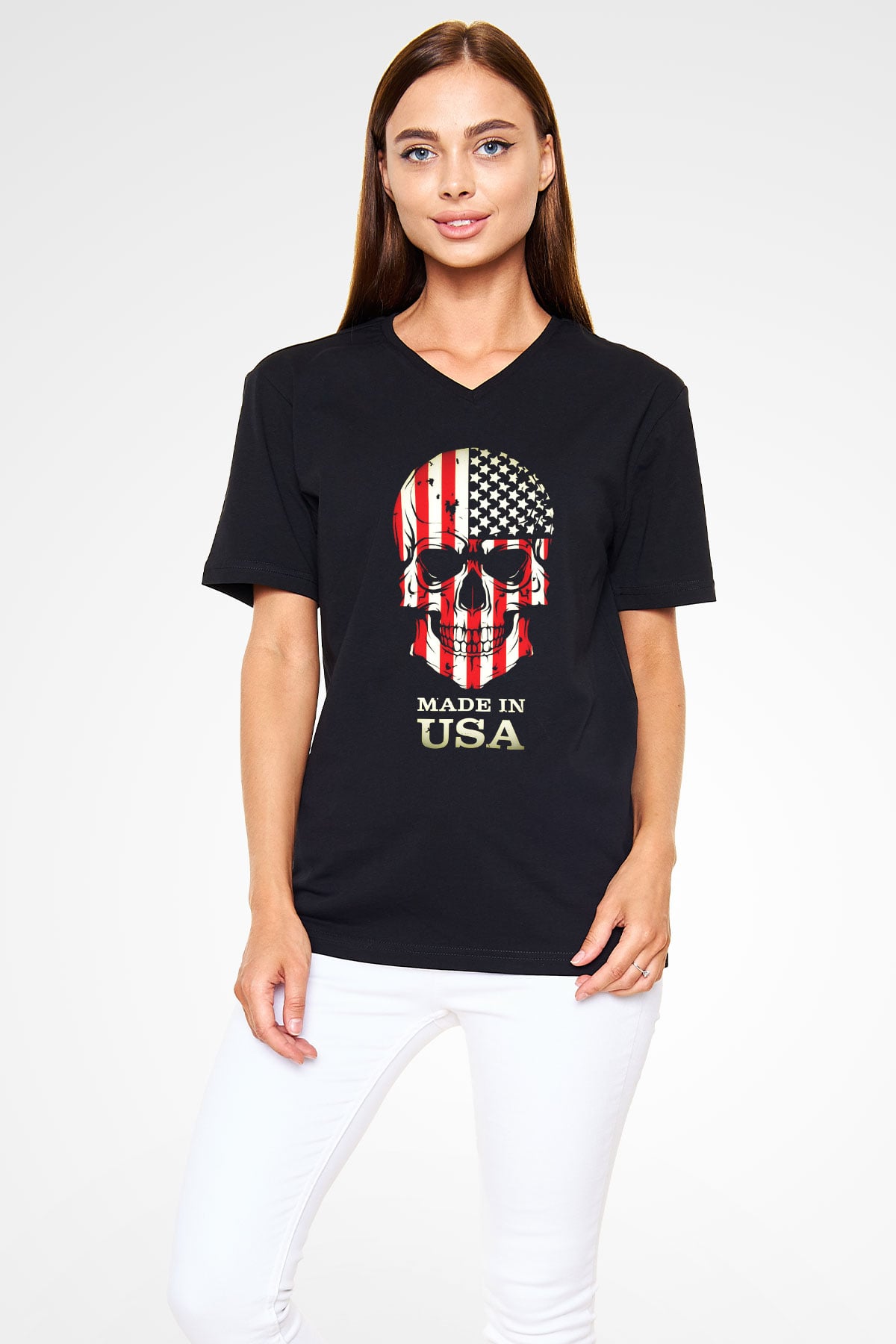 ABD Siyah Unisex V Yaka Tişört T-Shirt