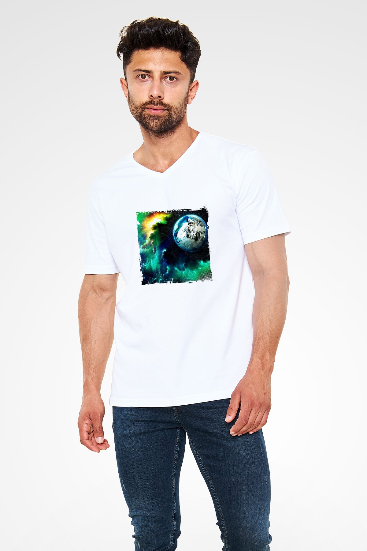Above and Beyond Baskılı Beyaz V Yaka Unisex Tişört