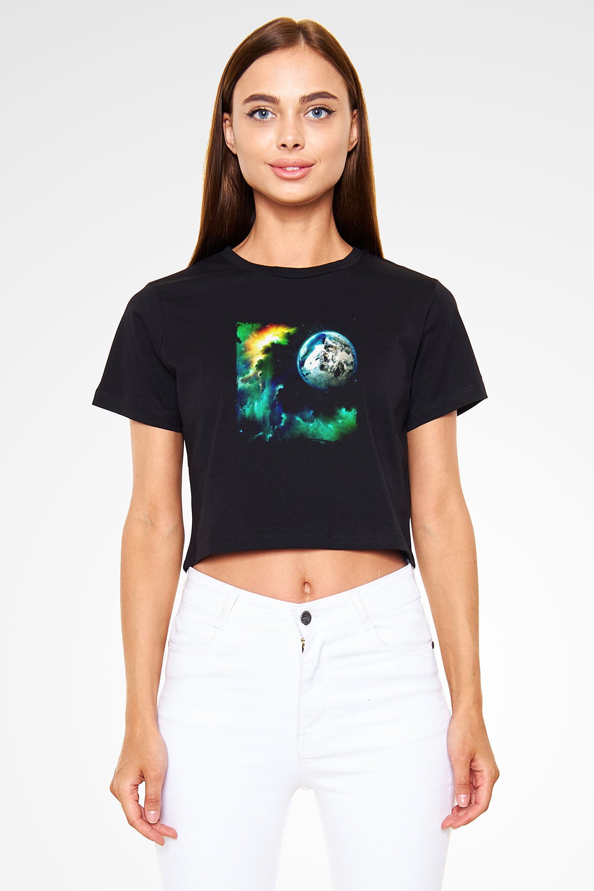Above and Beyond Baskılı Crop Top Siyah Kadın Tişört