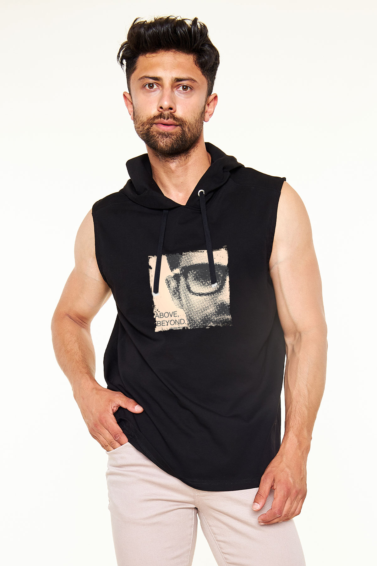 Above and Beyond Baskılı Unisex Siyah Kapüşonlu Kolsuz Tişört