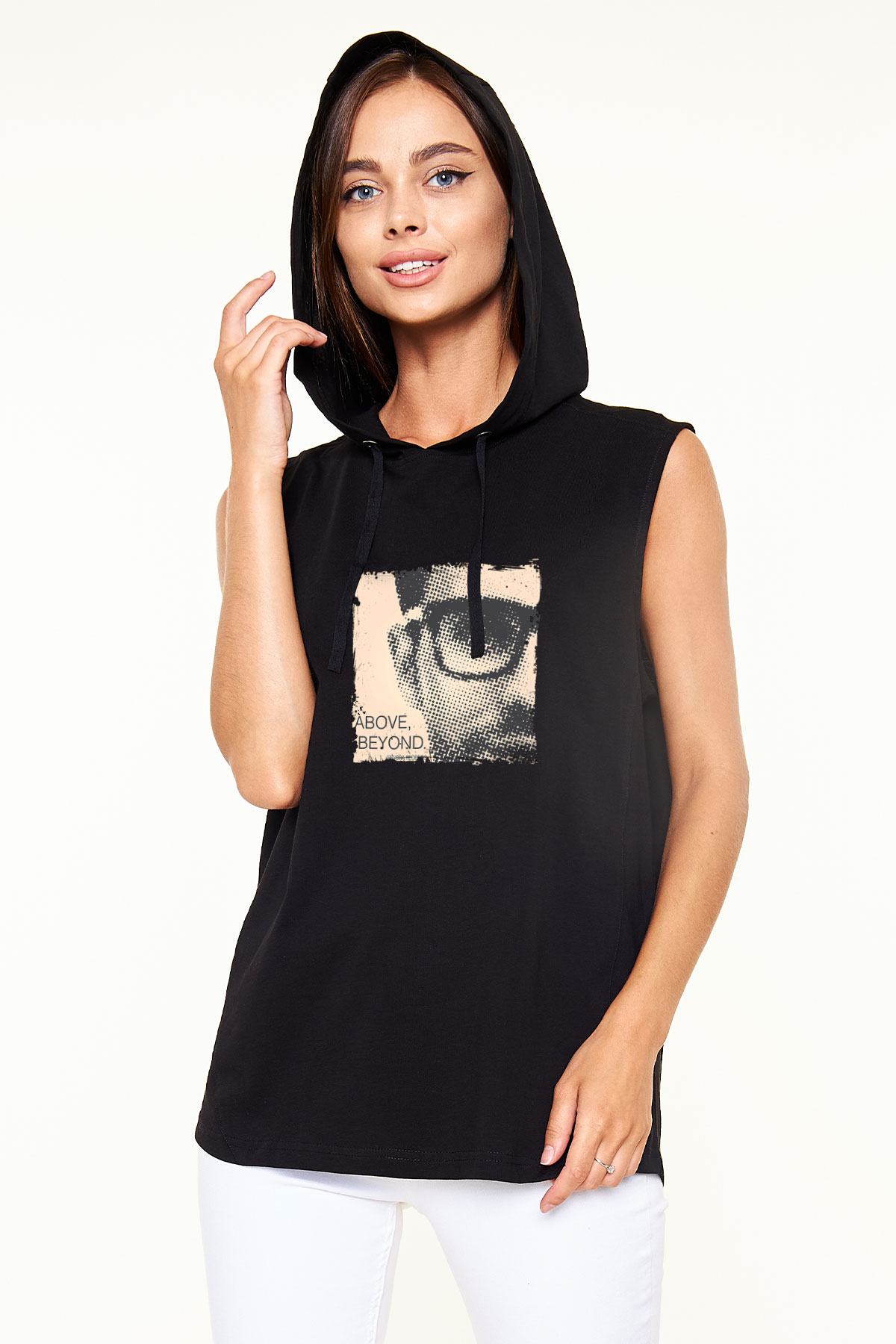 Above and Beyond Baskılı Unisex Siyah Kapüşonlu Kolsuz Tişört