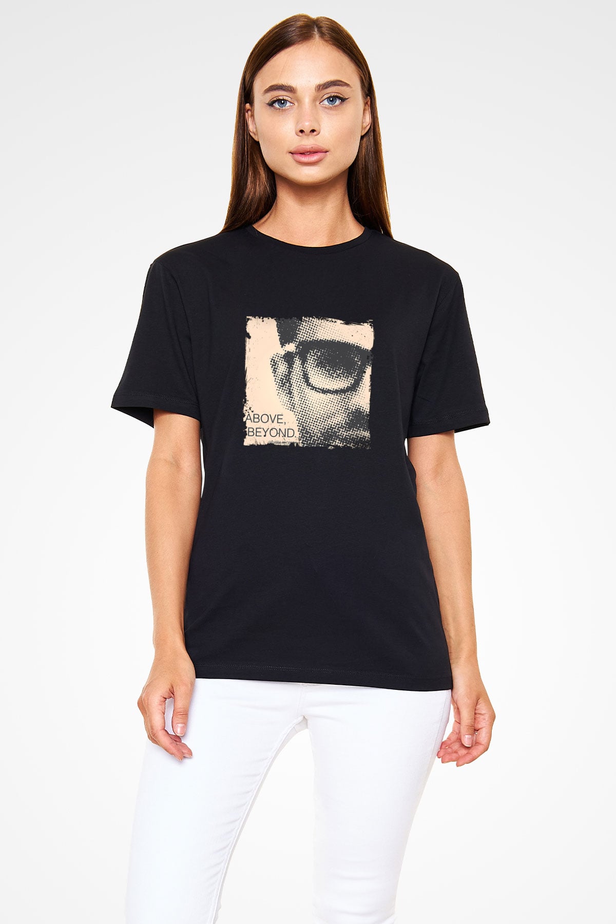 Above and Beyond Baskılı Unisex Siyah Tişört